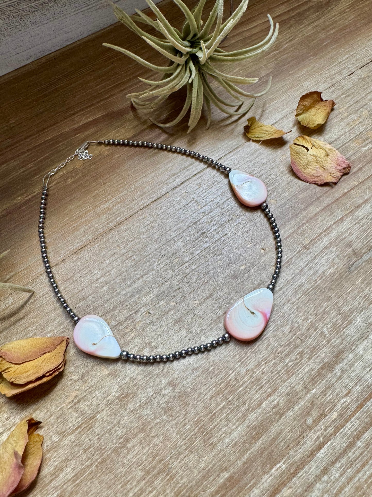 Sterling Silver Choker – 4 Flat Pink Conch Teardrops – 14.5" Approx.