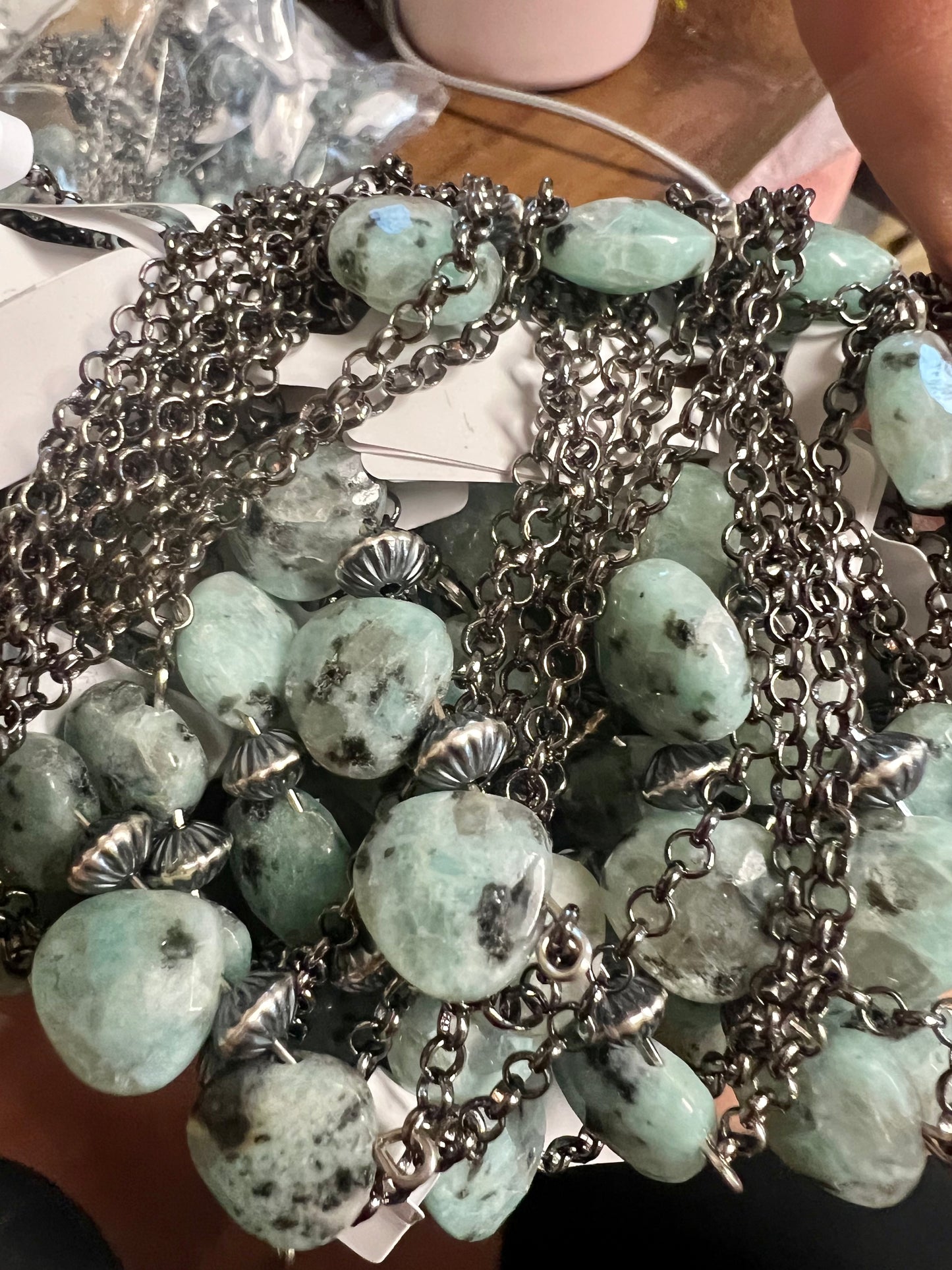 14 inch Kiwi jasper and Navajo saucer choker chain