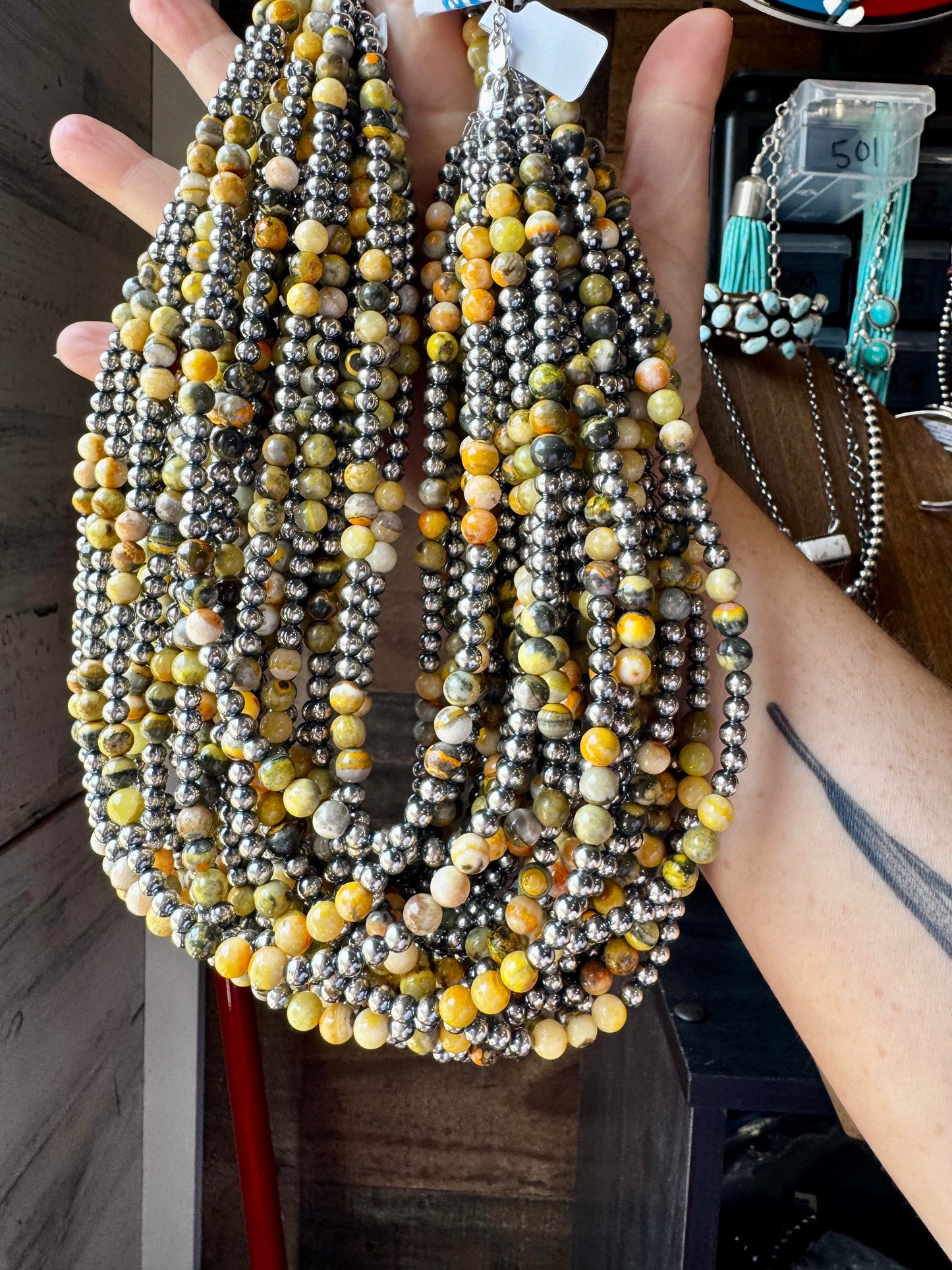 Handmade 18-inch necklace with 5mm sterling silver pearls and 6mm bumblebee jasper beads, finished with extender, made by The Bijoux FAB