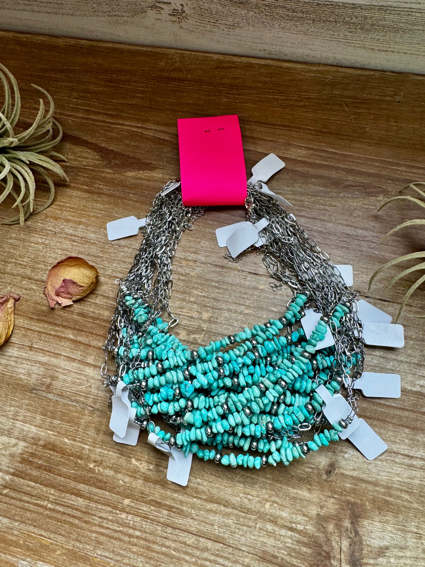 Handmade 15-inch silver paperclip chain necklace with blue turquoise nugget and sterling silver saucer pearls, made by The Bijoux FAB