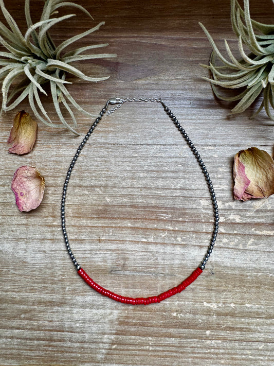 15-inch handmade red magnesite heishi necklace with sterling silver pearls, made in the USA