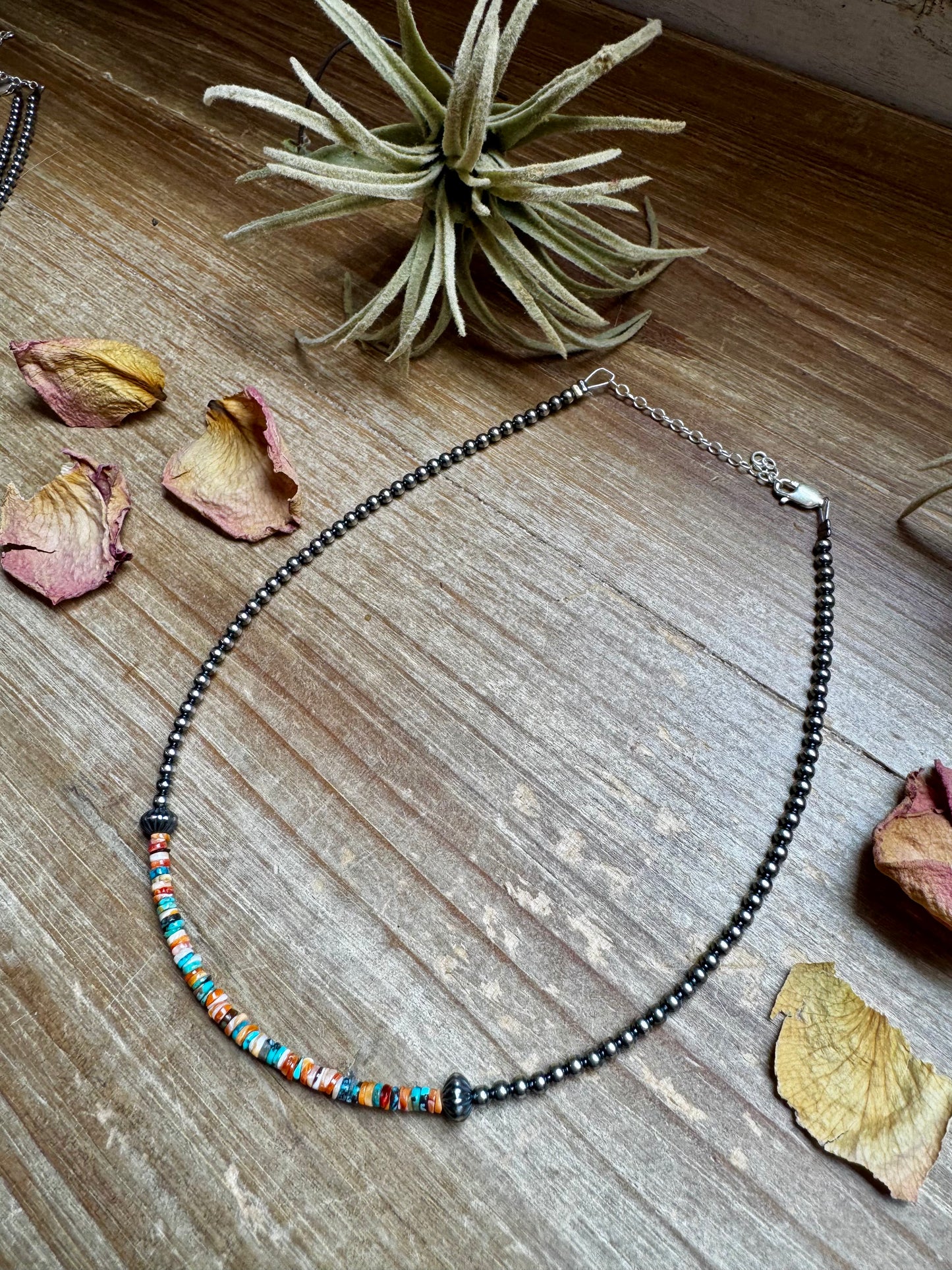 Handmade sterling silver pearl choker with extra spiny oyster and turquoise heishi beads, 14 inches + 2-inch extender, made by The Bijoux FAB