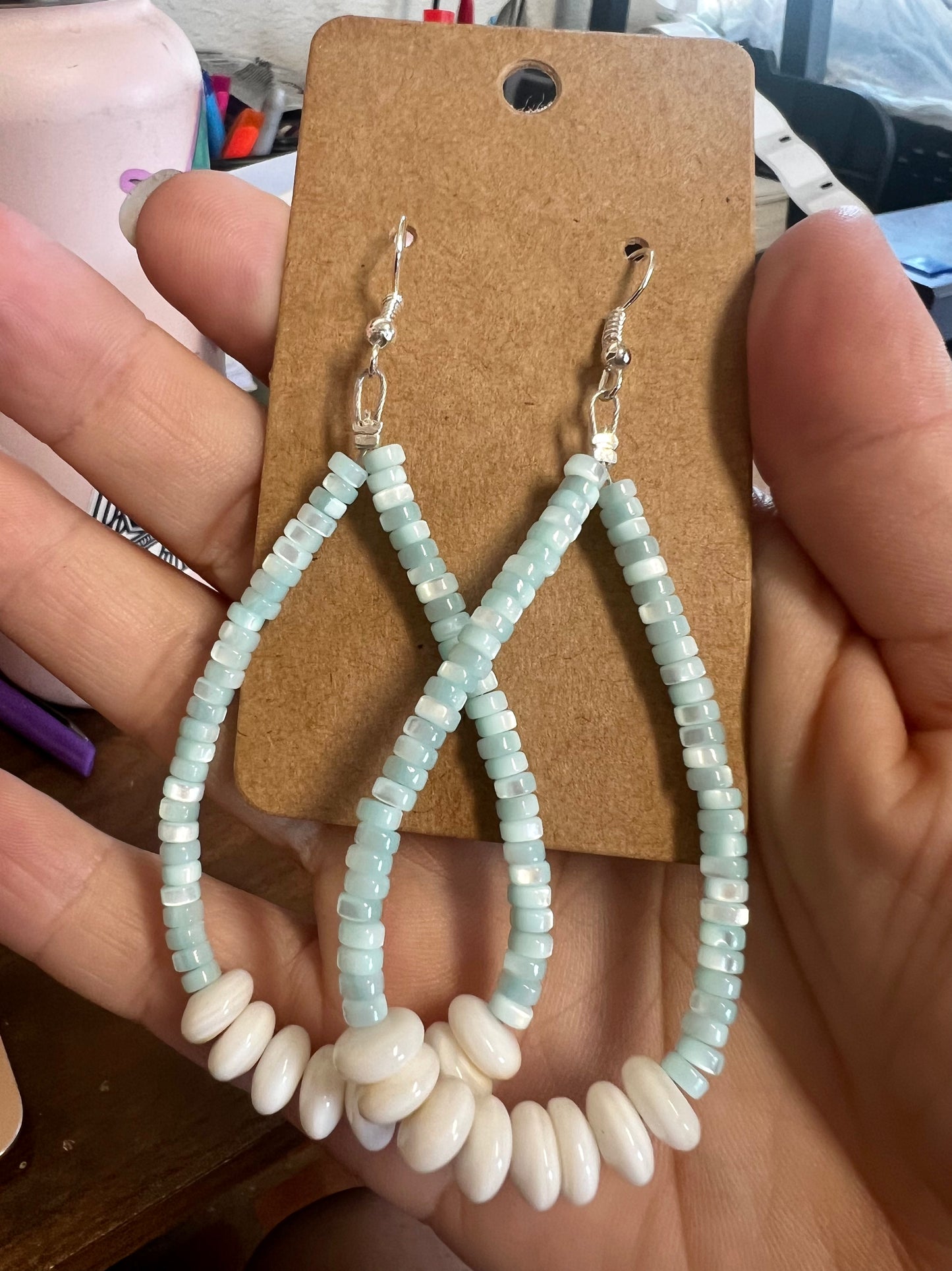 Blue shell earrings teardrop with white conch