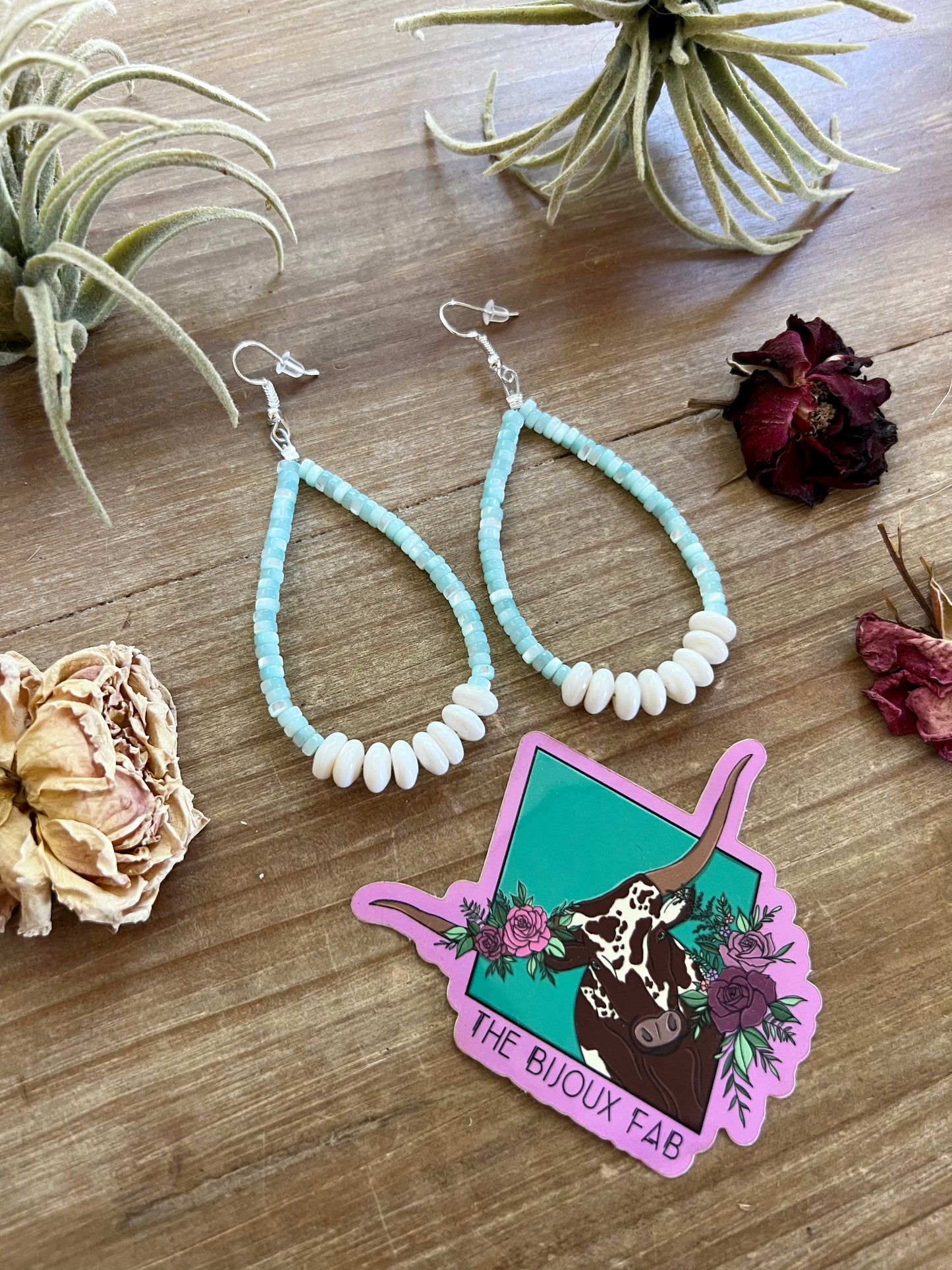 Blue shell earrings teardrop with white conch