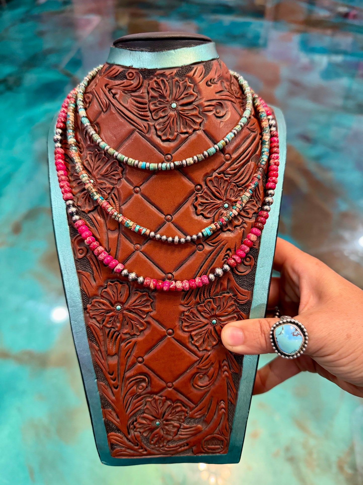 Turquoise and pink sea sediment layered necklace stack with sterling silver pearls handmade in the USA