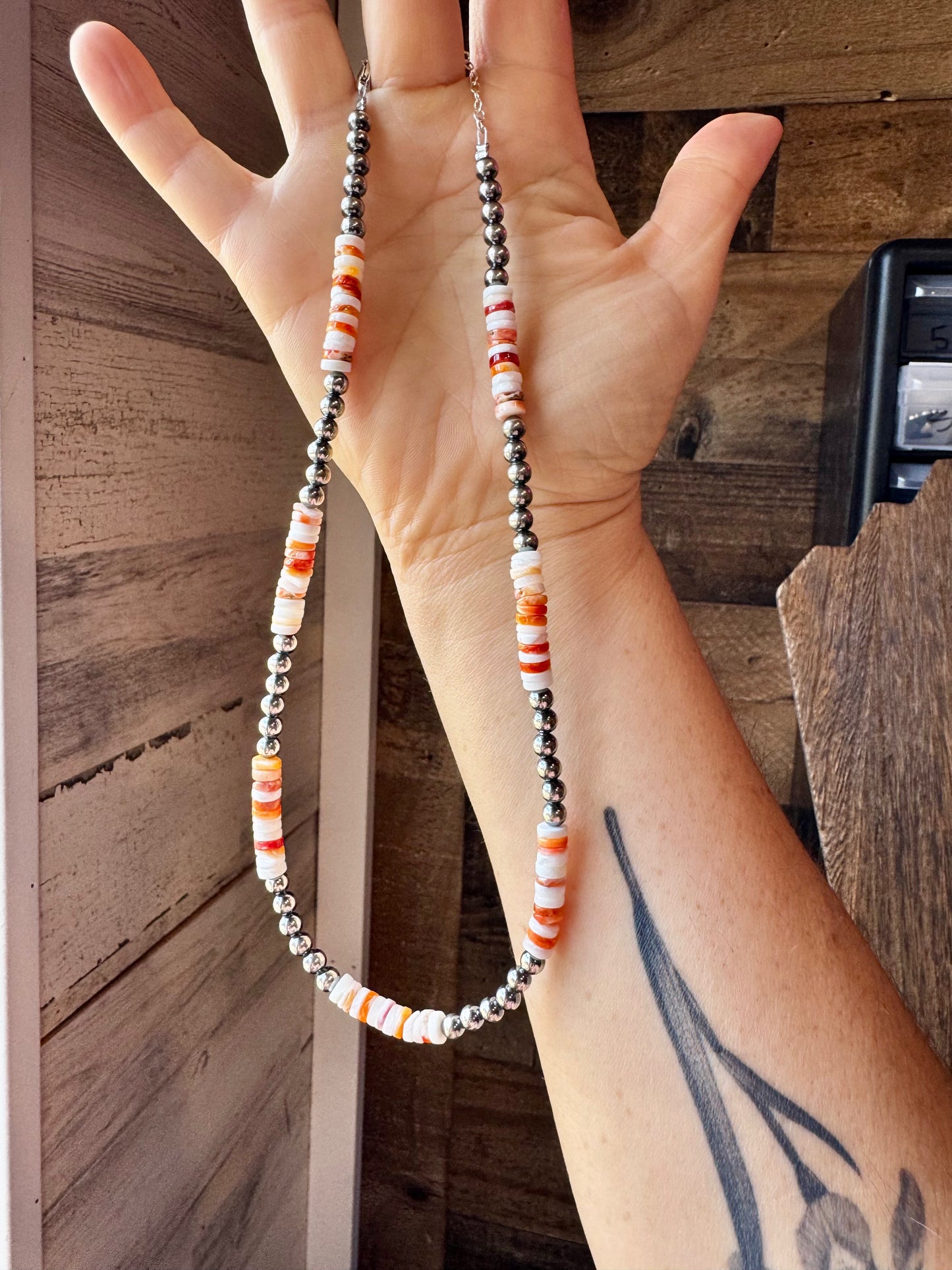 Handmade 17-inch necklace with alternating 5mm sterling silver pearls and spiny oyster beads in orange and white, finished with extender, made by The Bijoux FAB