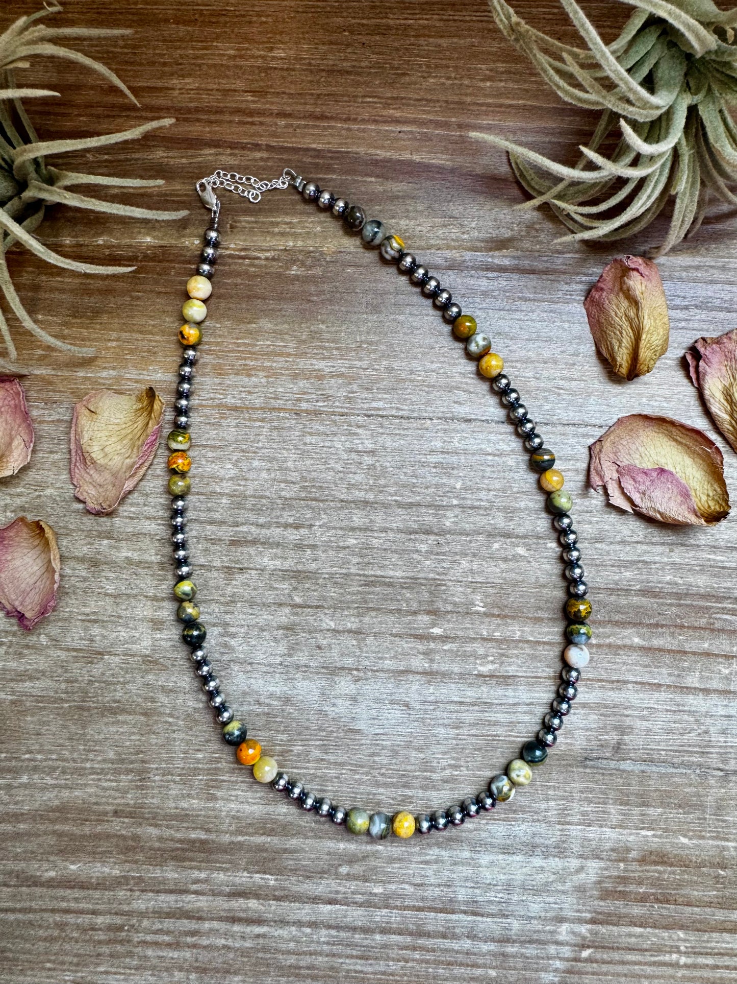 Handmade 18-inch necklace with 5mm sterling silver pearls and 6mm bumblebee jasper beads, finished with extender, made by The Bijoux FAB