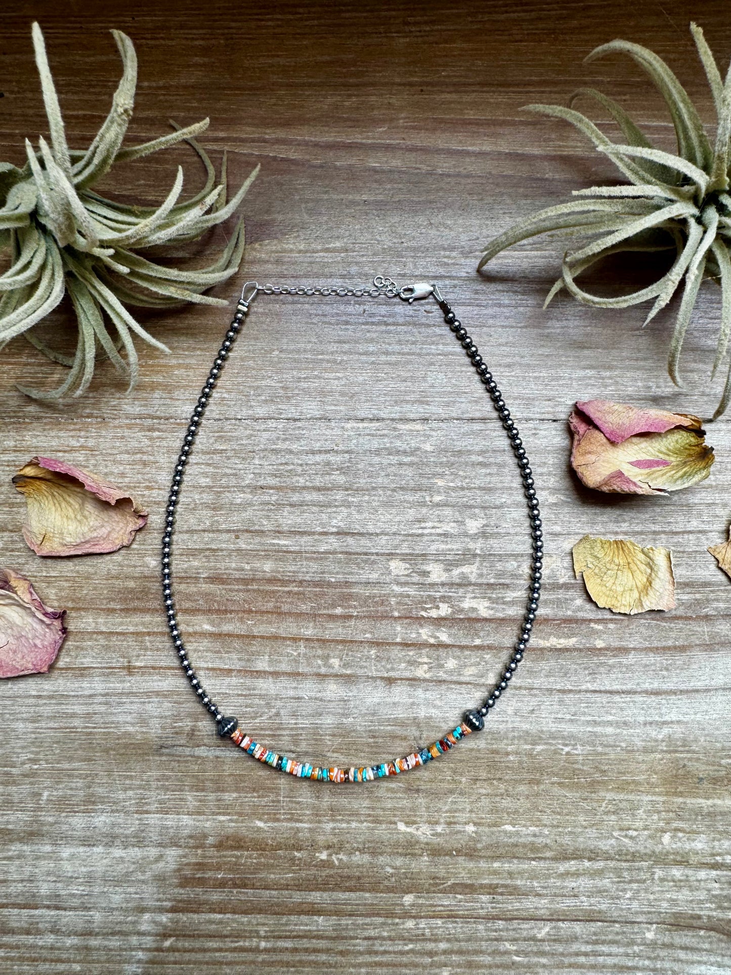 Handmade sterling silver pearl choker with extra spiny oyster and turquoise heishi beads, 14 inches + 2-inch extender, made by The Bijoux FAB