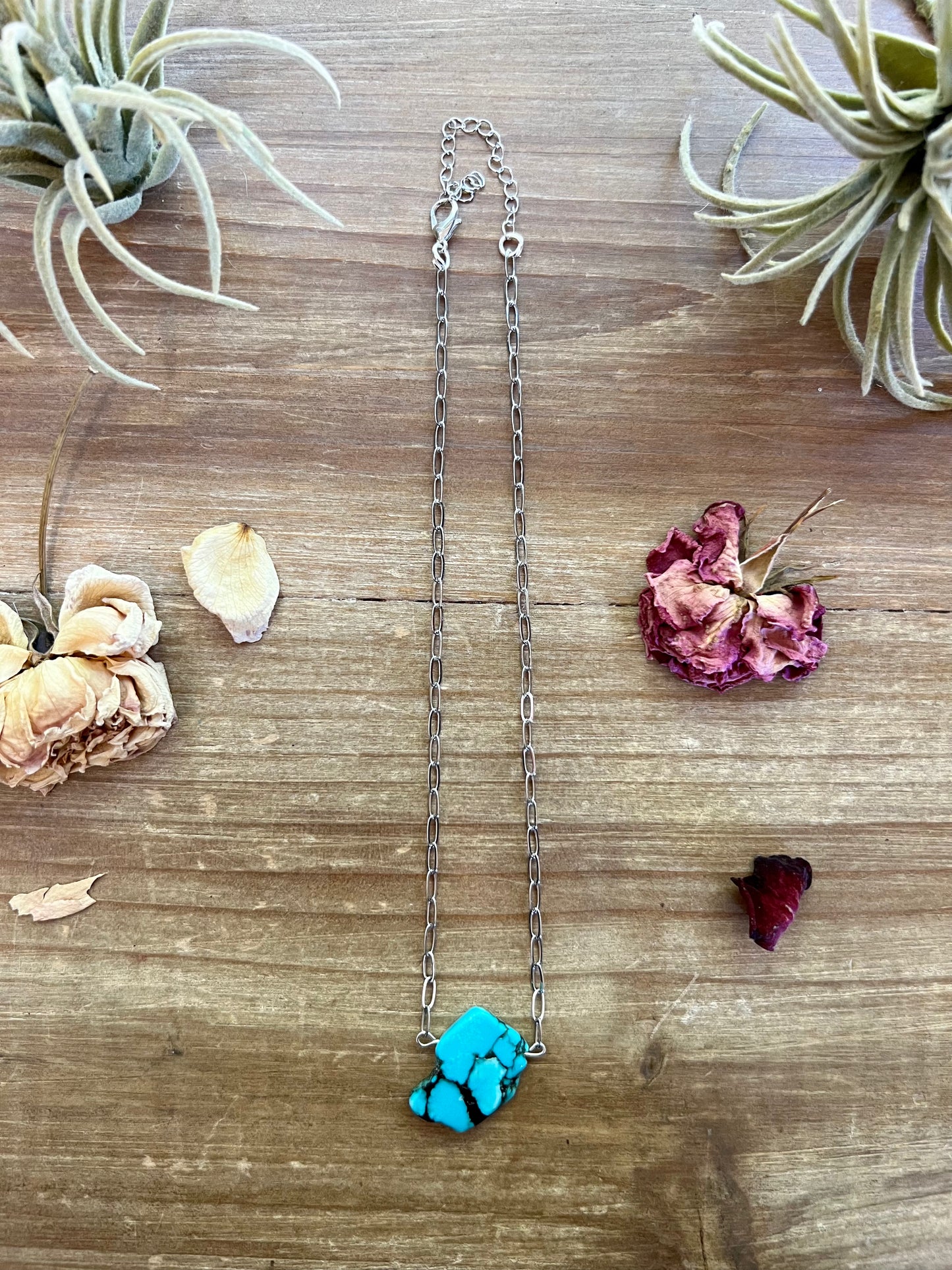 14 inch long slab magnesite turquoise choker on silver chain