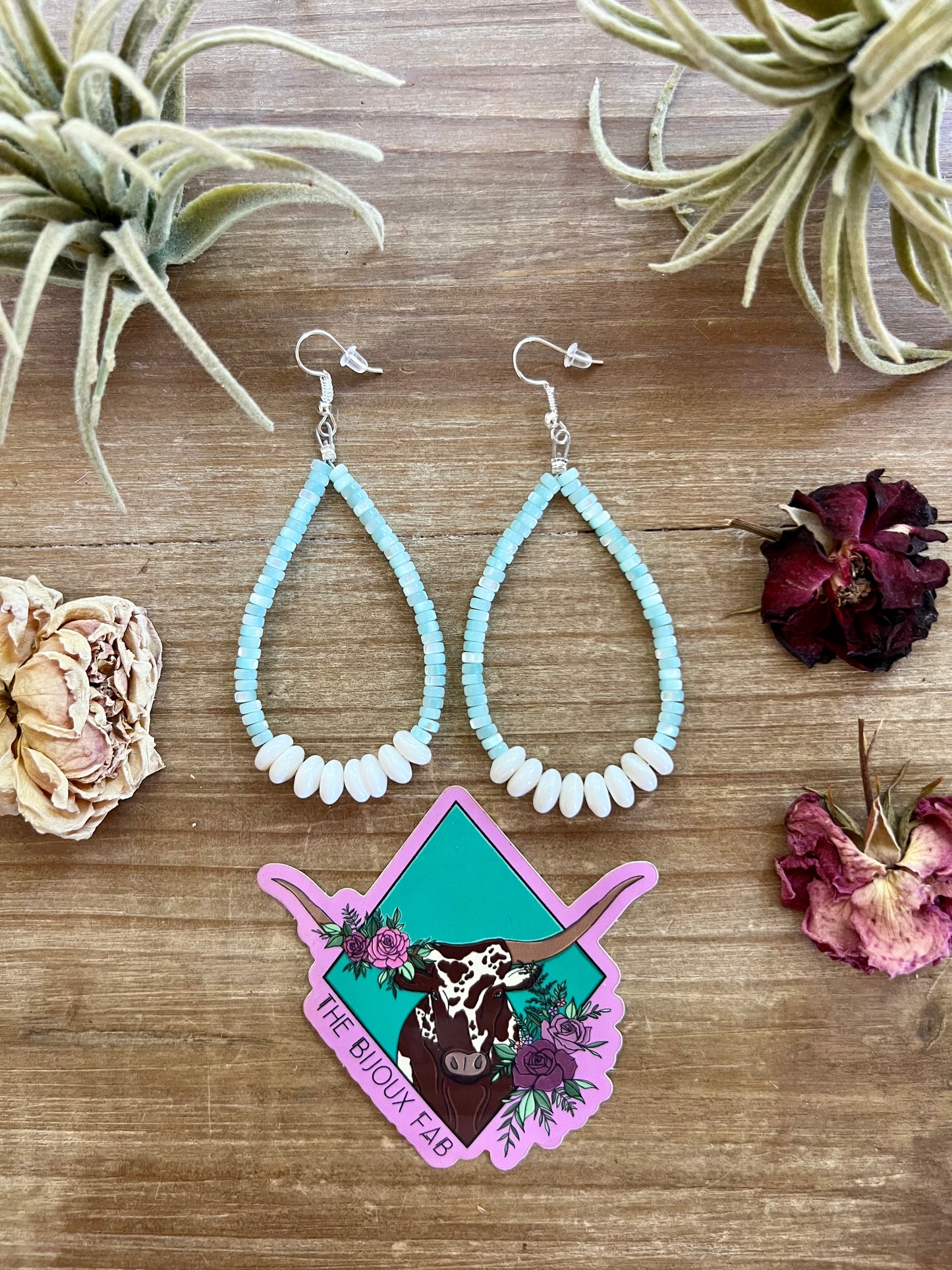 Blue shell earrings teardrop with white conch