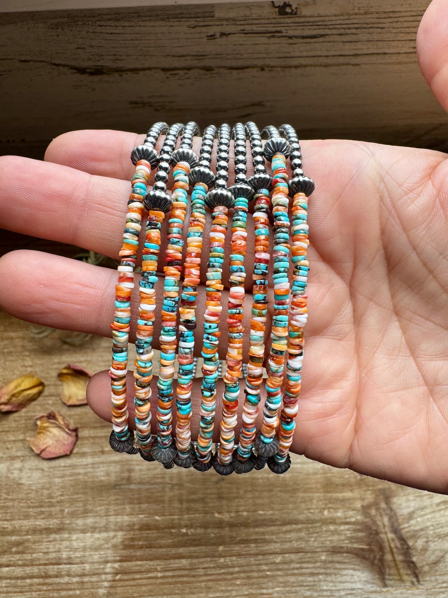 Handmade sterling silver pearl choker with extra spiny oyster and turquoise heishi beads, 14 inches + 2-inch extender, made by The Bijoux FAB
