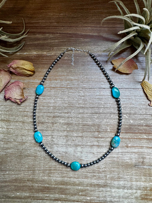 Handmade 15-inch turquoise necklace with mostly 4mm beads and accents of 5mm beads, finished with extender chain, made by The Bijoux FAB