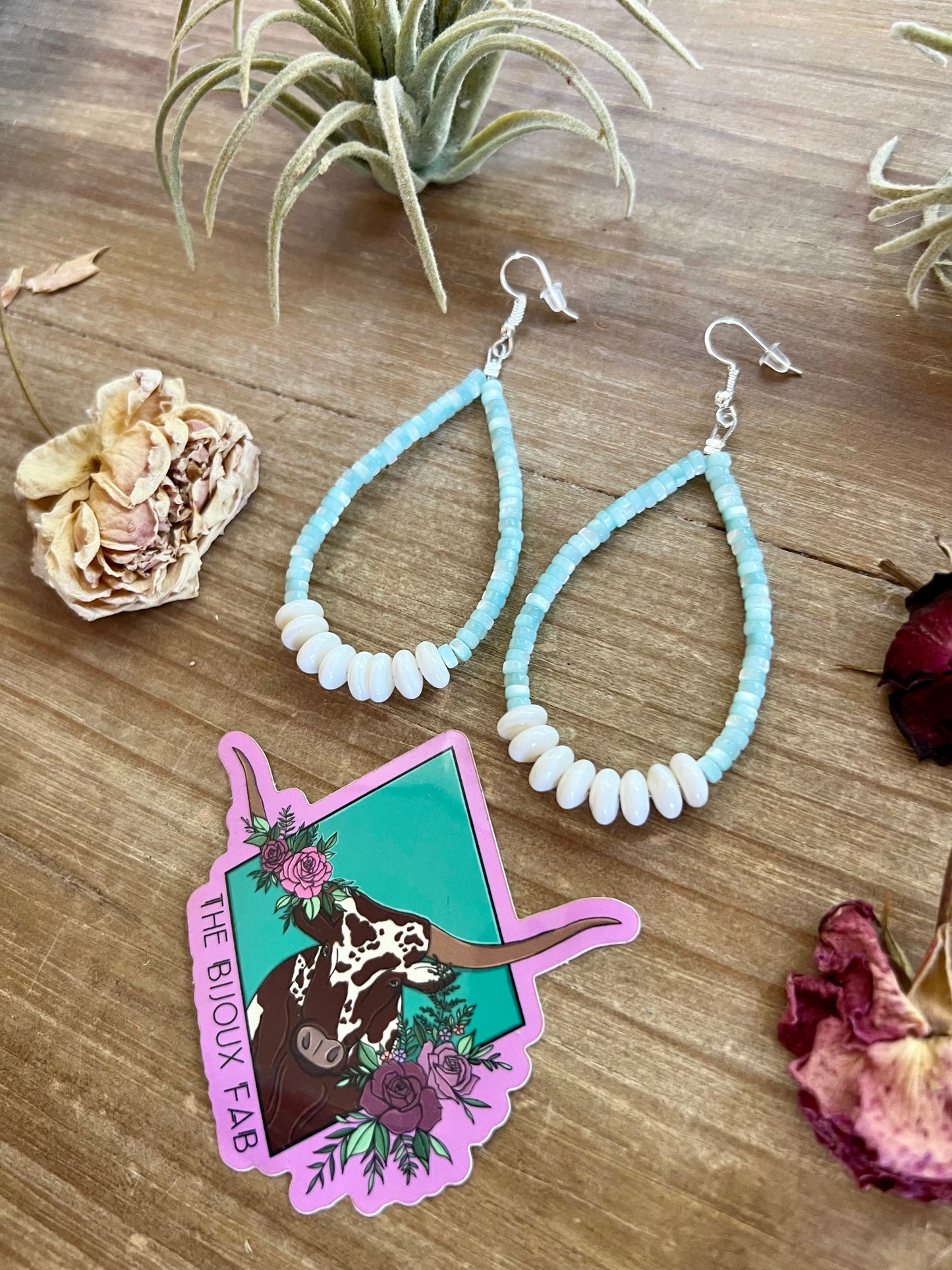 Blue shell earrings teardrop with white conch