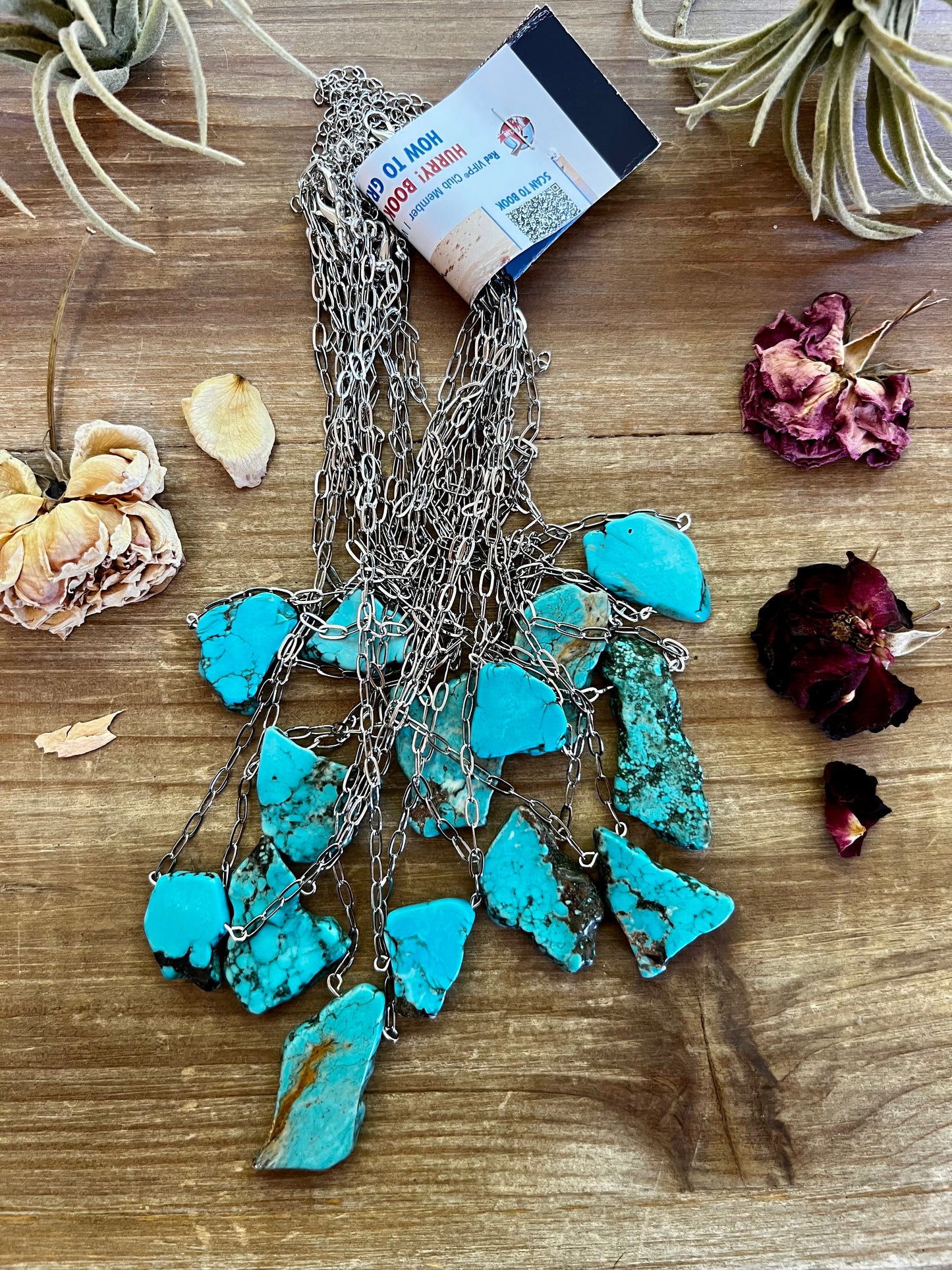 14 inch long slab magnesite turquoise choker on silver chain