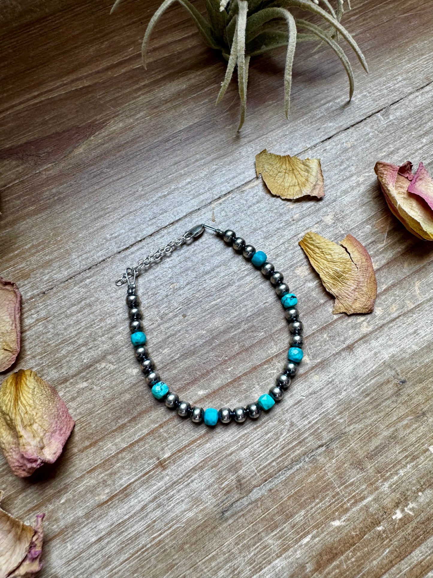 Handmade 5mm sterling silver pearl and faceted turquoise bracelet with sterling lobster clasp and extender, made by The Bijoux FAB