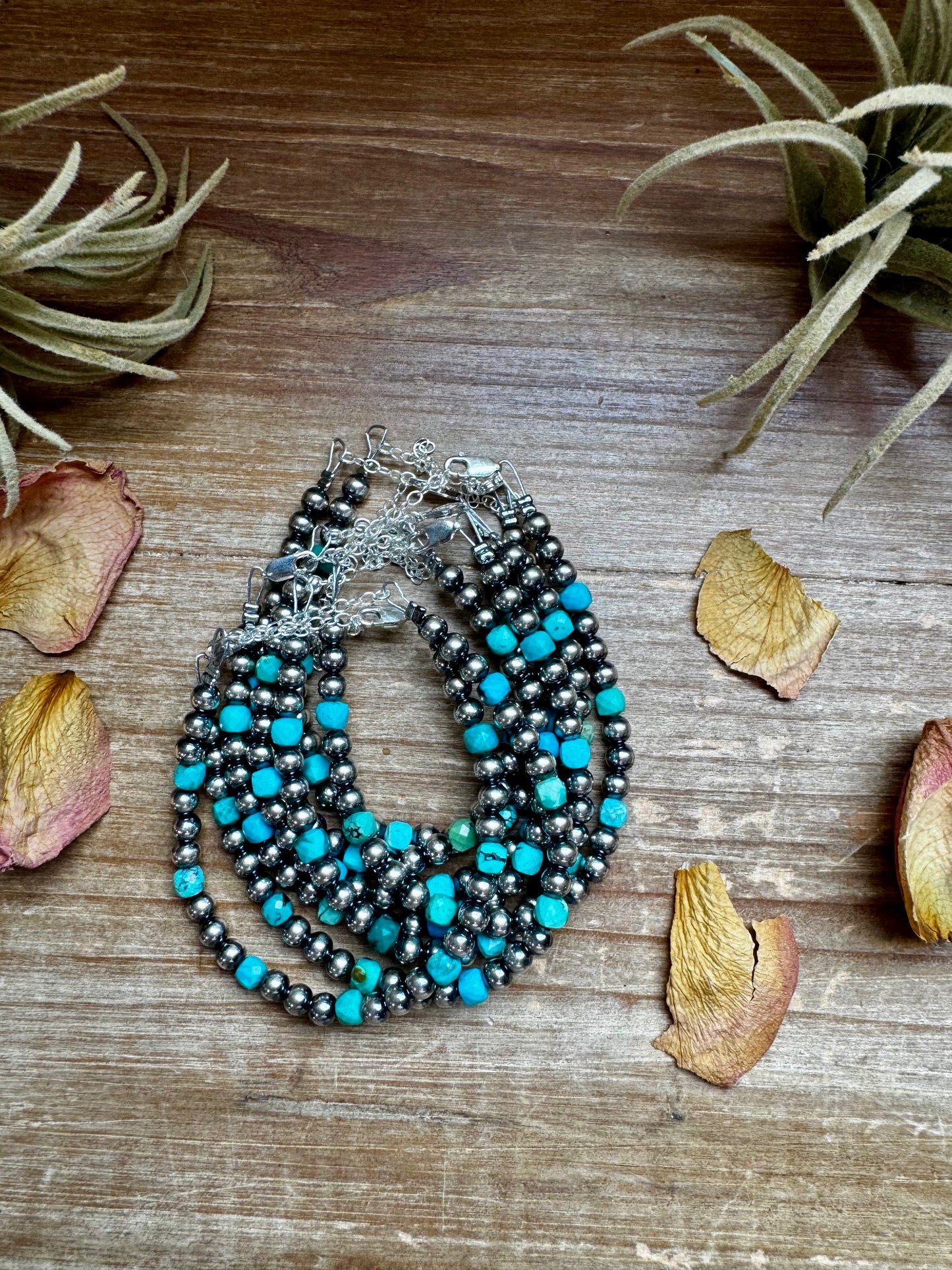 Handmade 5mm sterling silver pearl and faceted turquoise bracelet with sterling lobster clasp and extender, made by The Bijoux FAB