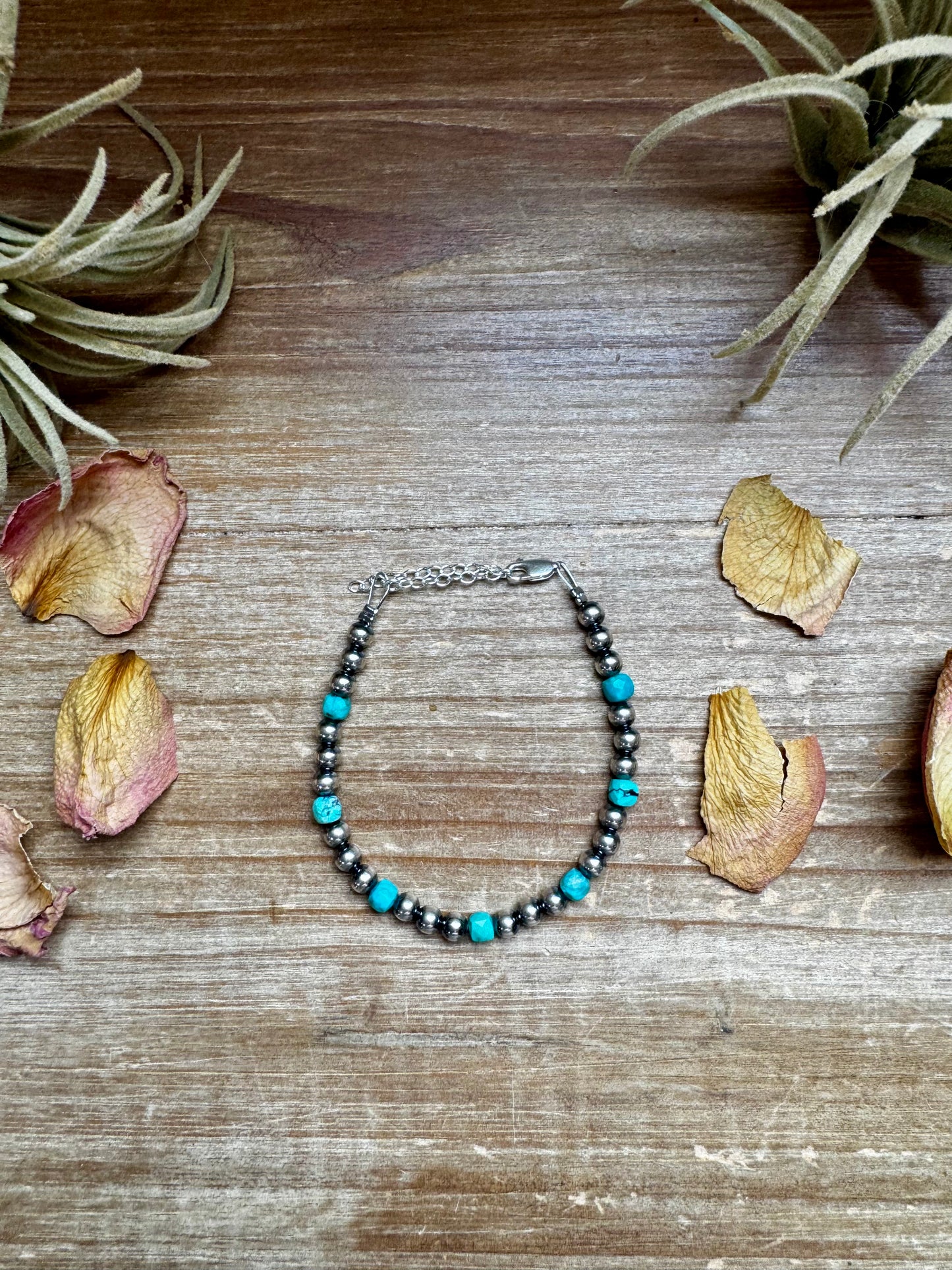 Handmade 5mm sterling silver pearl and faceted turquoise bracelet with sterling lobster clasp and extender, made by The Bijoux FAB