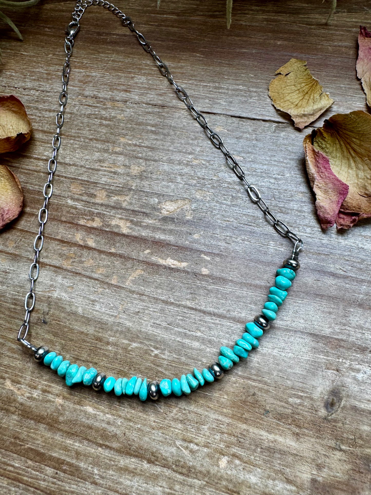Handmade 15-inch silver paperclip chain necklace with blue turquoise nugget and sterling silver saucer pearls, made by The Bijoux FAB