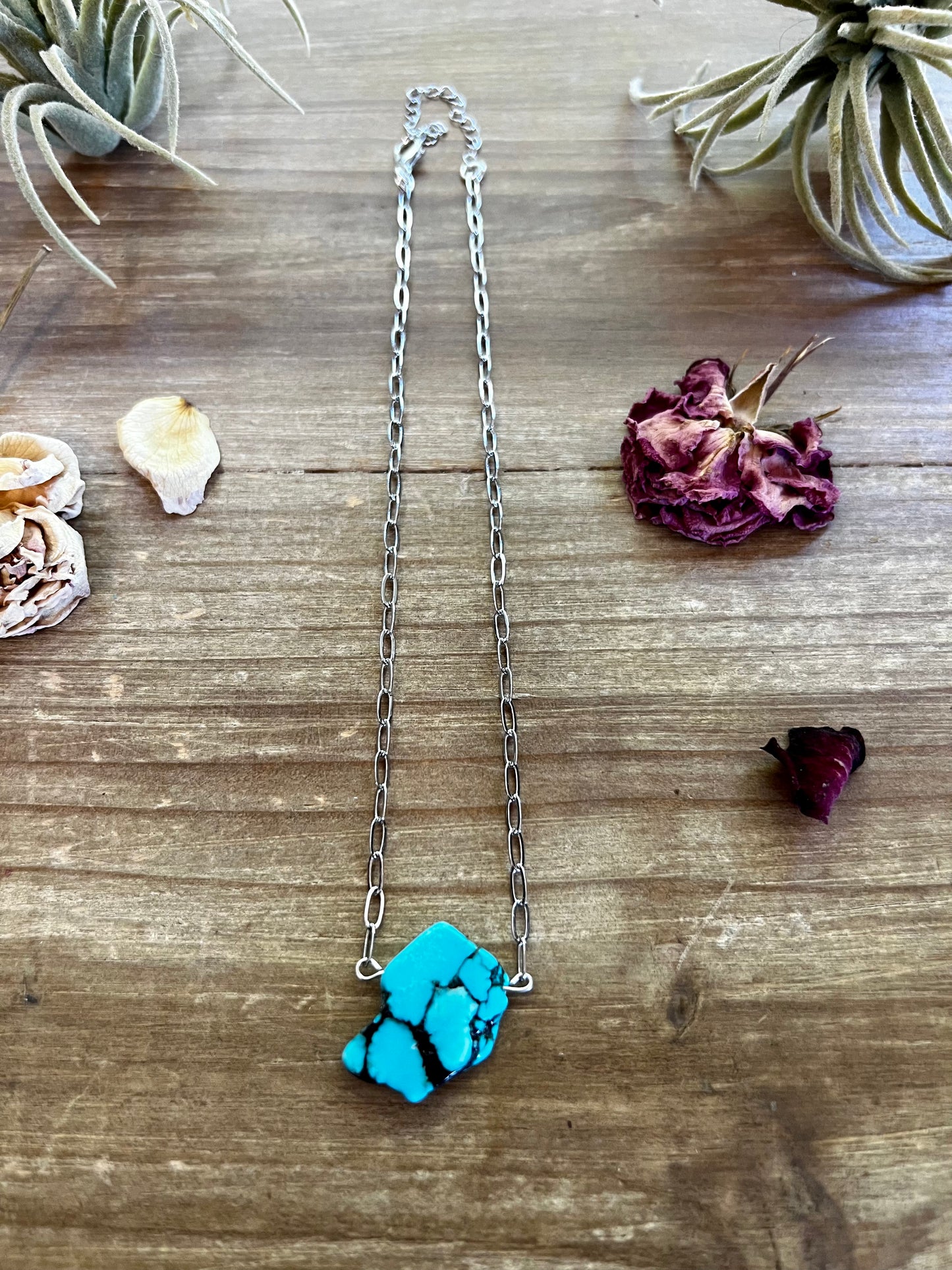 14 inch long slab magnesite turquoise choker on silver chain