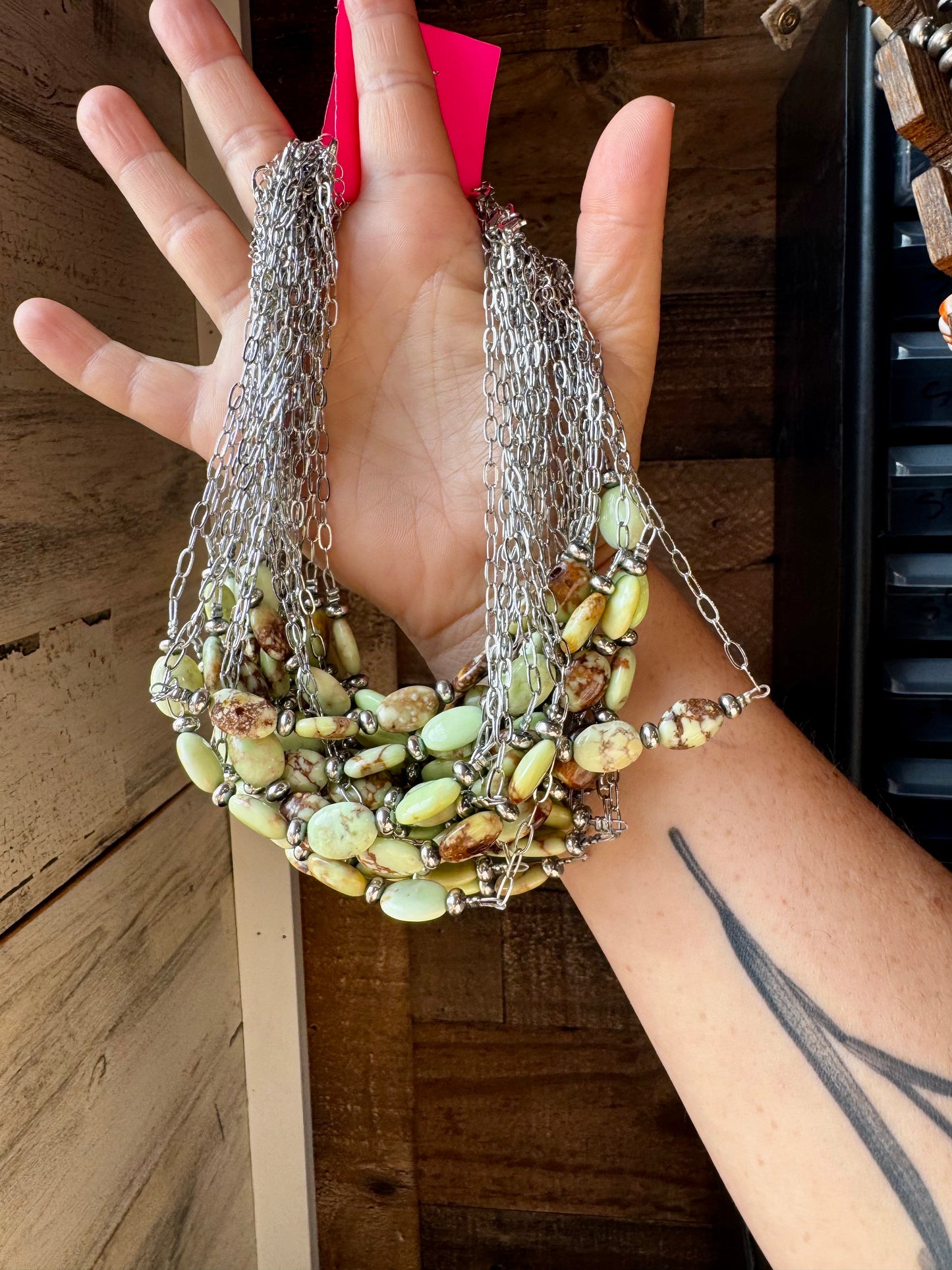 Handmade 15-inch lemon turquoise magnetite necklace with 5mm sterling silver saucer pearls on silver paperclip chain, made by The Bijoux FAB