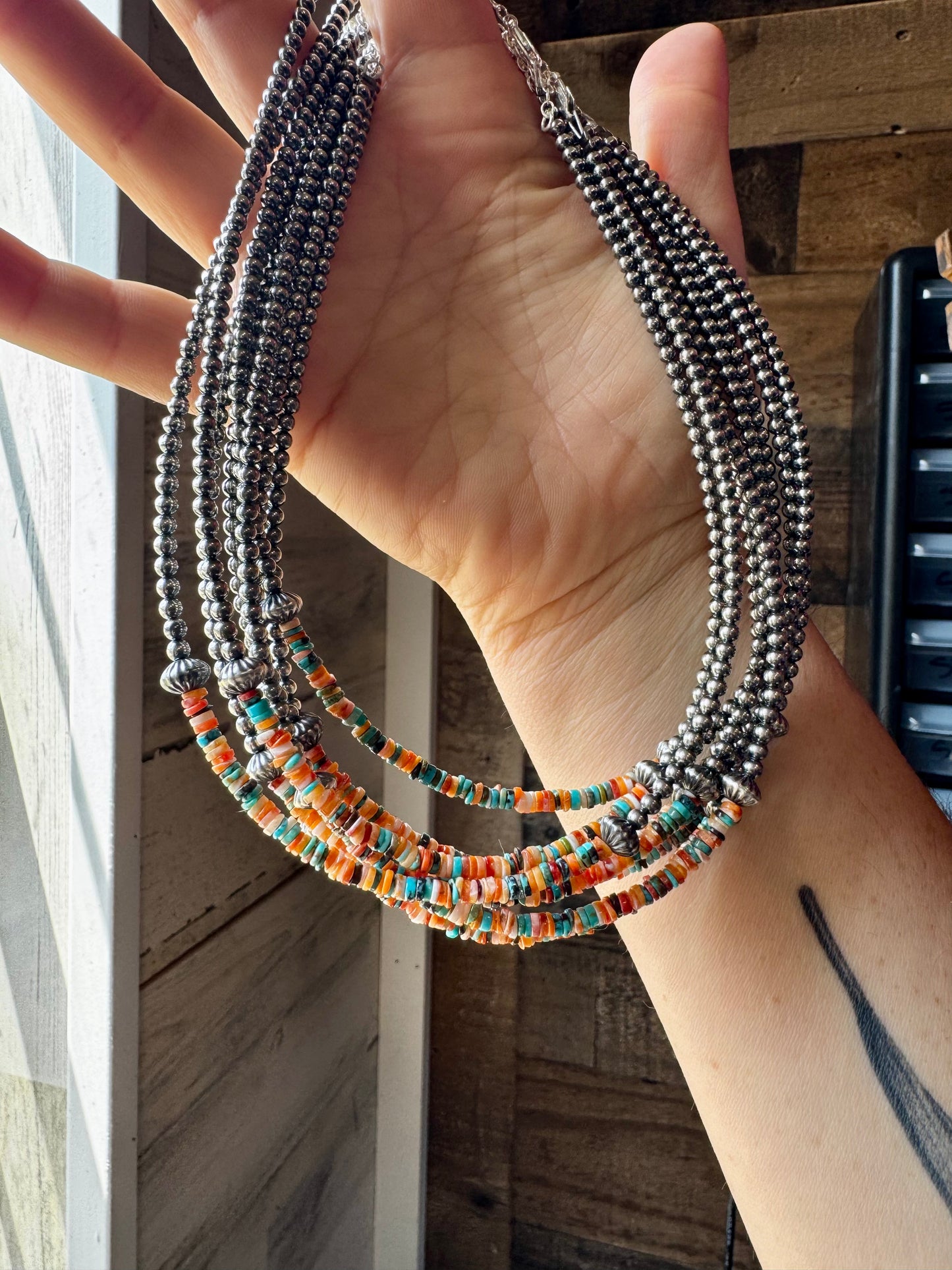Handmade sterling silver pearl choker with extra spiny oyster and turquoise heishi beads, 14 inches + 2-inch extender, made by The Bijoux FAB
