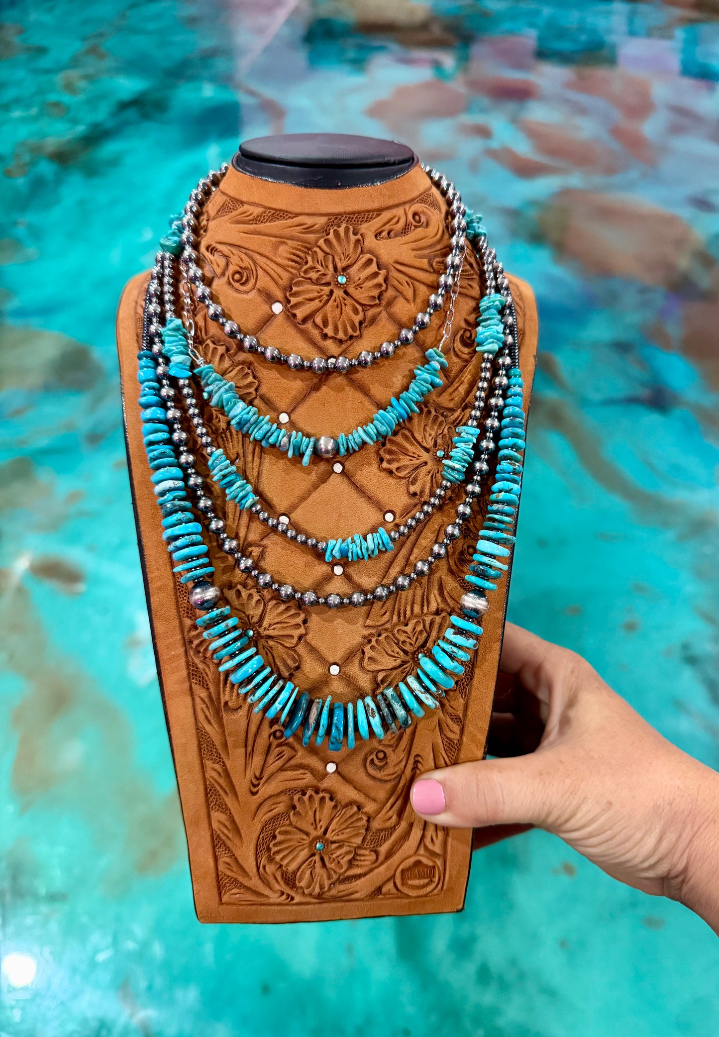 Blue turquoise and sterling silver layered necklace stack handmade in the USA by The Bijoux FAB