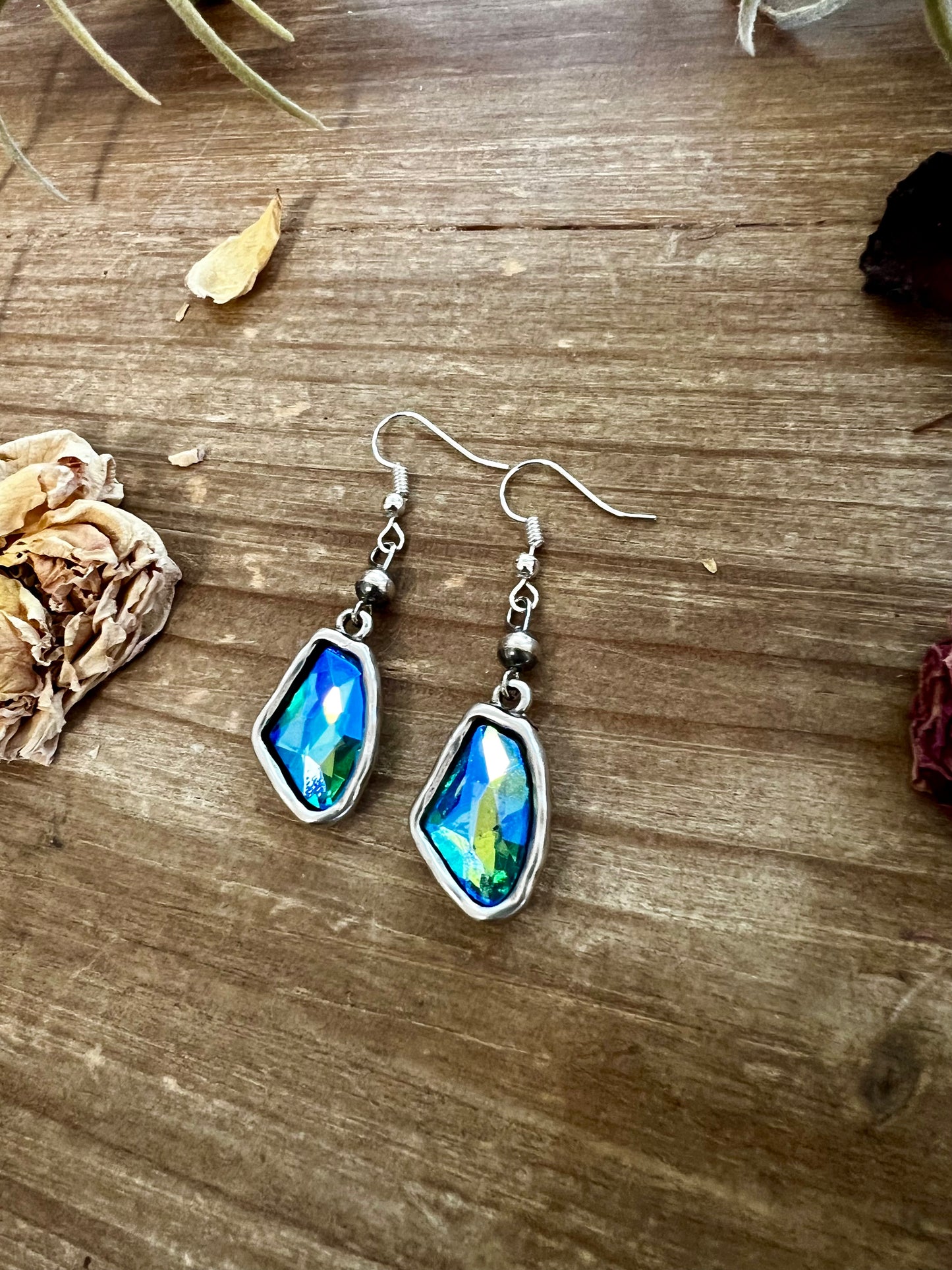 Blue/green dangle and Sterling Silver Pearls earrings - cowgirl earrings