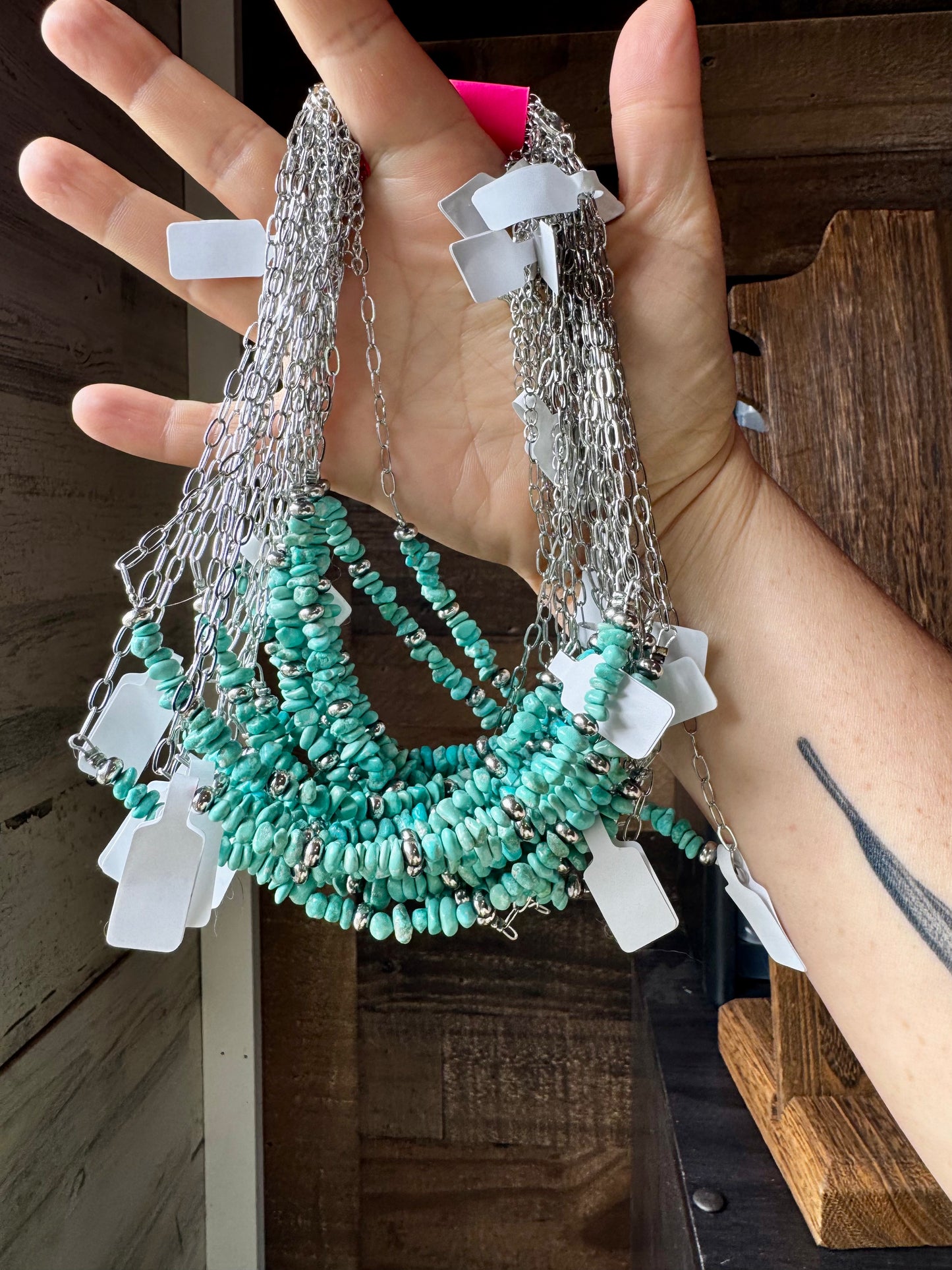Handmade 15-inch silver paperclip chain necklace with blue turquoise nugget and sterling silver saucer pearls, made by The Bijoux FAB