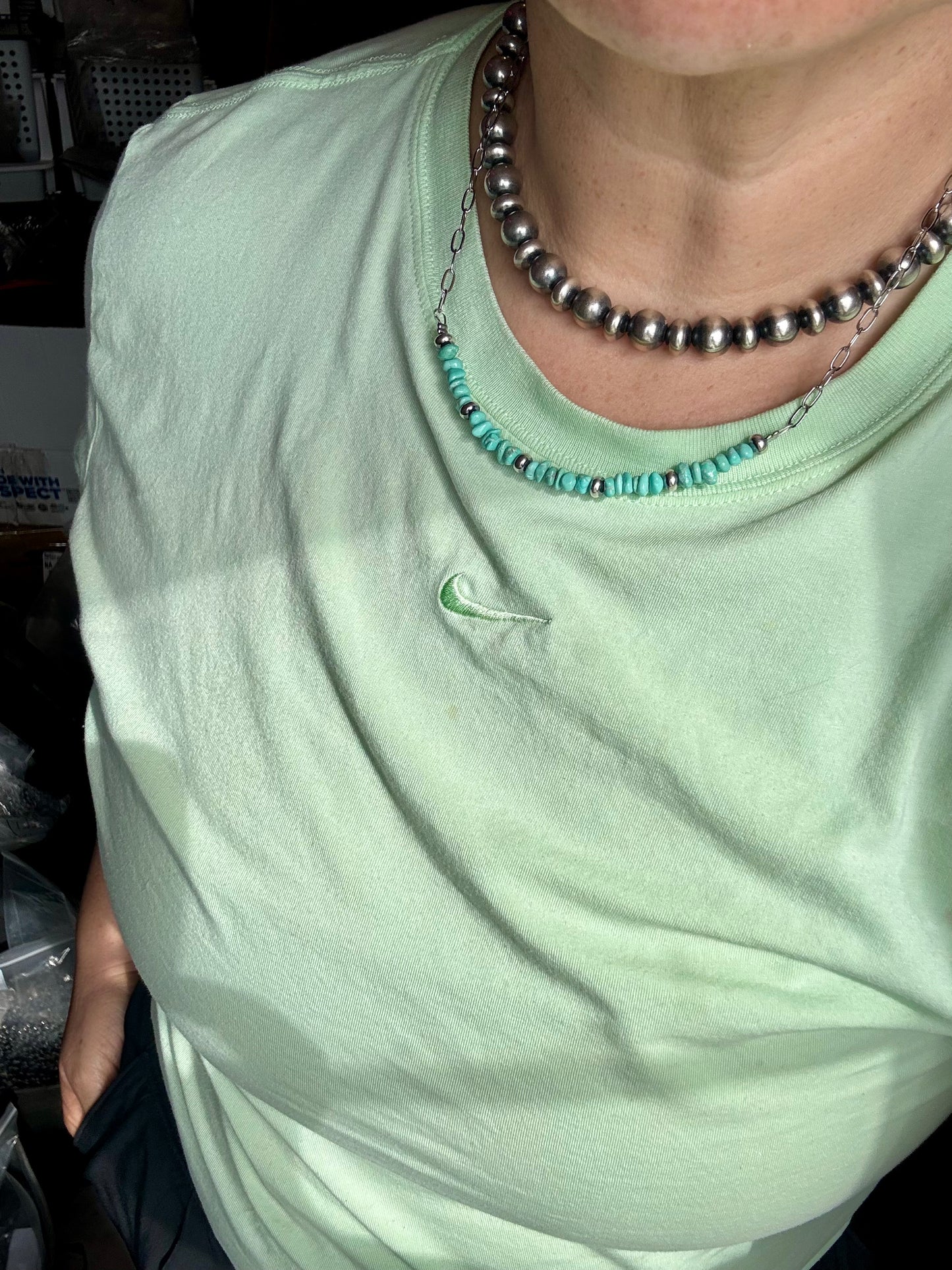 Handmade 15-inch silver paperclip chain necklace with blue turquoise nugget and sterling silver saucer pearls, made by The Bijoux FAB
