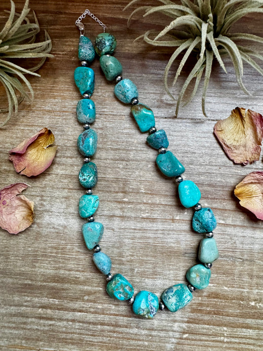 18-inch turquoise nugget necklace with 4mm sterling silver pearls, handmade in Texas by The Bijoux FAB