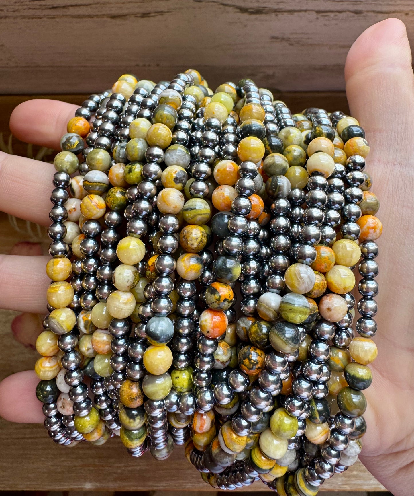 Handmade 18-inch necklace with 5mm sterling silver pearls and 6mm bumblebee jasper beads, finished with extender, made by The Bijoux FAB