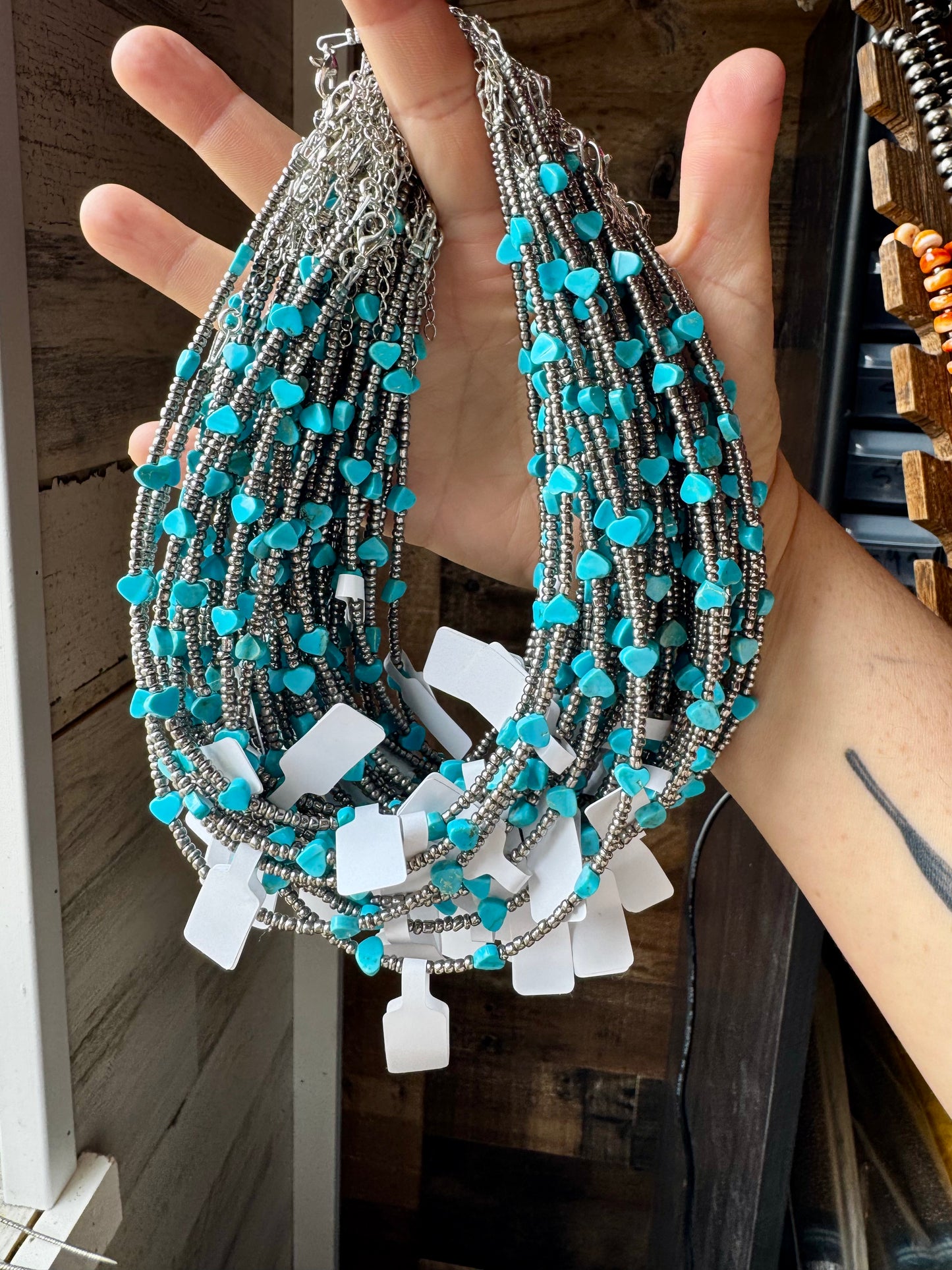 Handmade 14-inch necklace with antique silver glass seed beads and turquoise variscite heart center, made by The Bijoux FAB