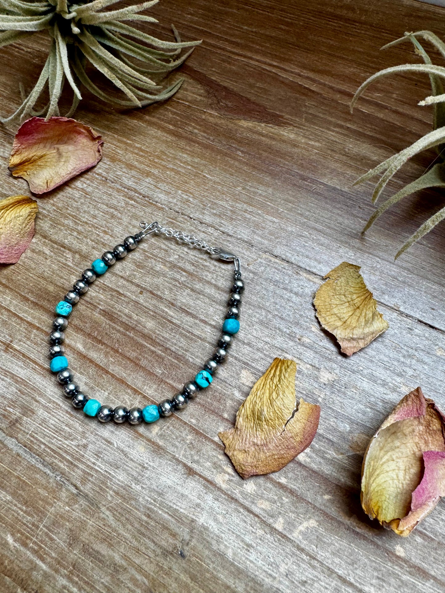 Handmade 5mm sterling silver pearl and faceted turquoise bracelet with sterling lobster clasp and extender, made by The Bijoux FAB