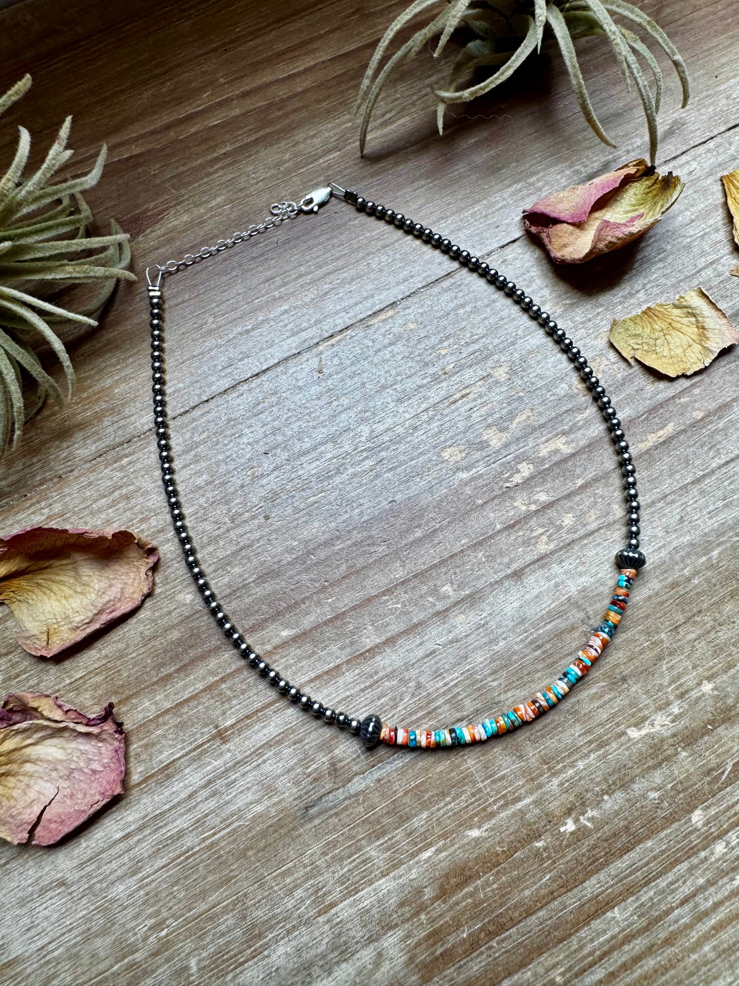 Handmade sterling silver pearl choker with extra spiny oyster and turquoise heishi beads, 14 inches + 2-inch extender, made by The Bijoux FAB