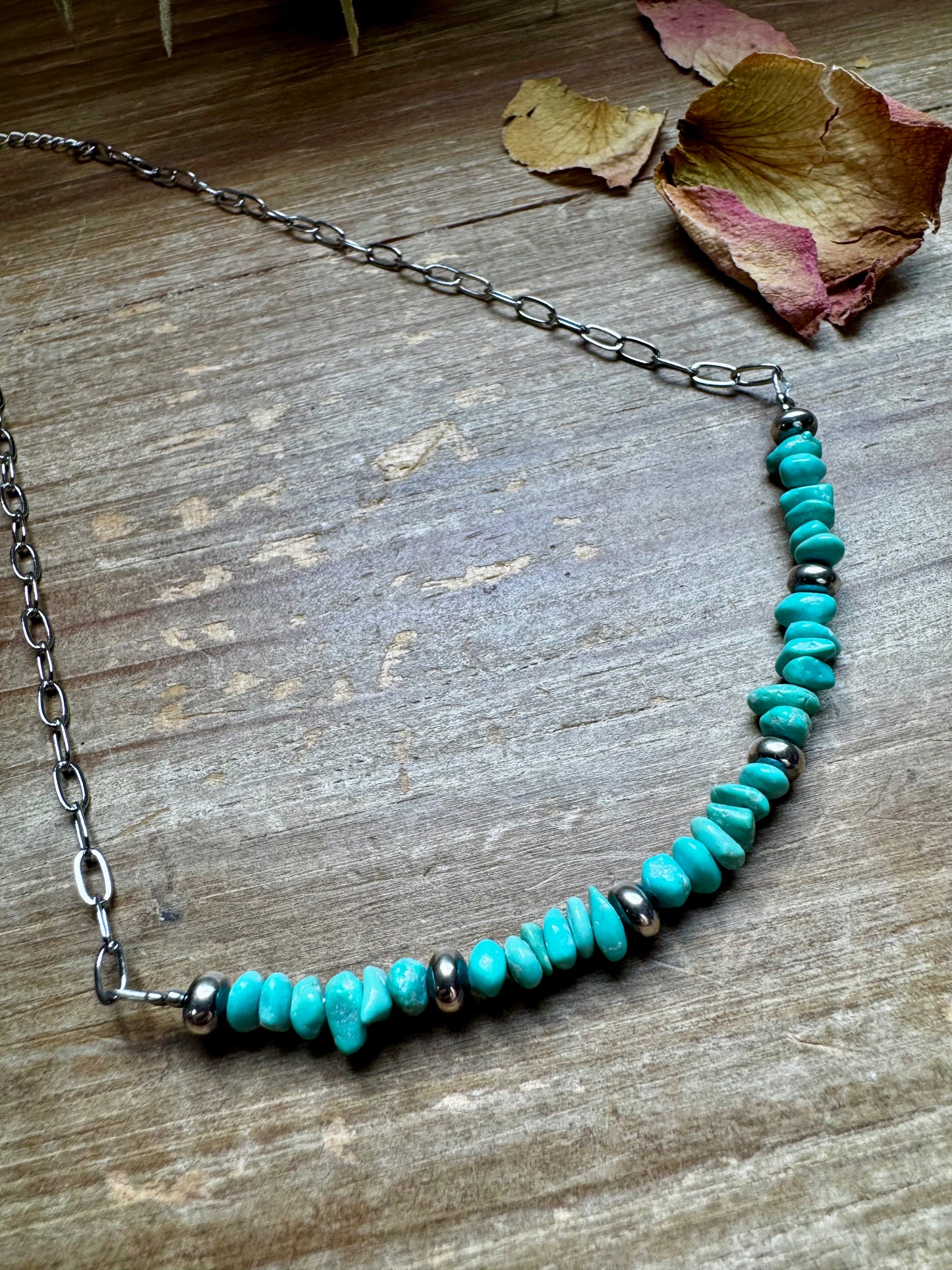 Handmade 15-inch silver paperclip chain necklace with blue turquoise nugget and sterling silver saucer pearls, made by The Bijoux FAB