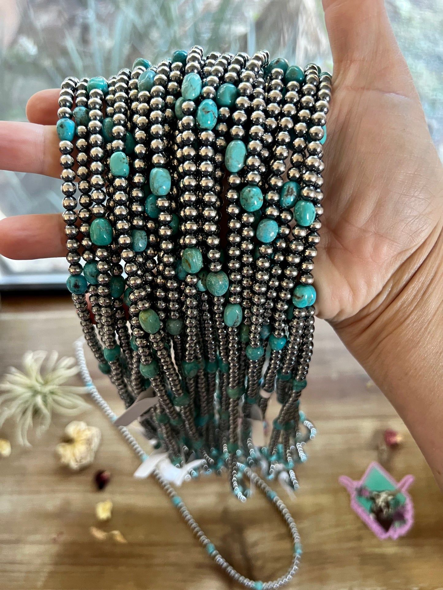 28 inch 5 mm Navajos pearl necklace with turquoise