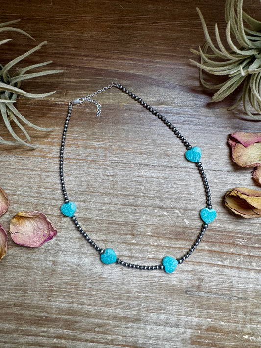 15-inch handmade necklace with five Peruvian Amazonite heart beads and sterling silver pearls, made in the USA