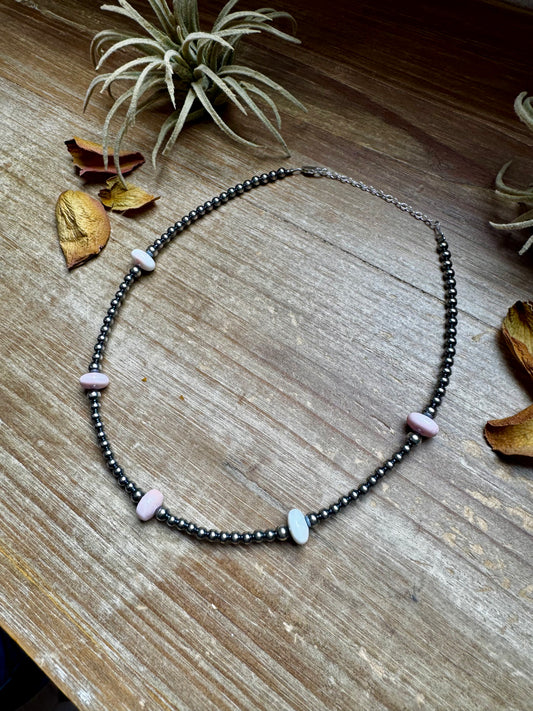 15-inch sterling silver necklace with 4 mm & 5 mm pearls and 8 mm pink conch saucer beads, handmade by The Bijoux FAB