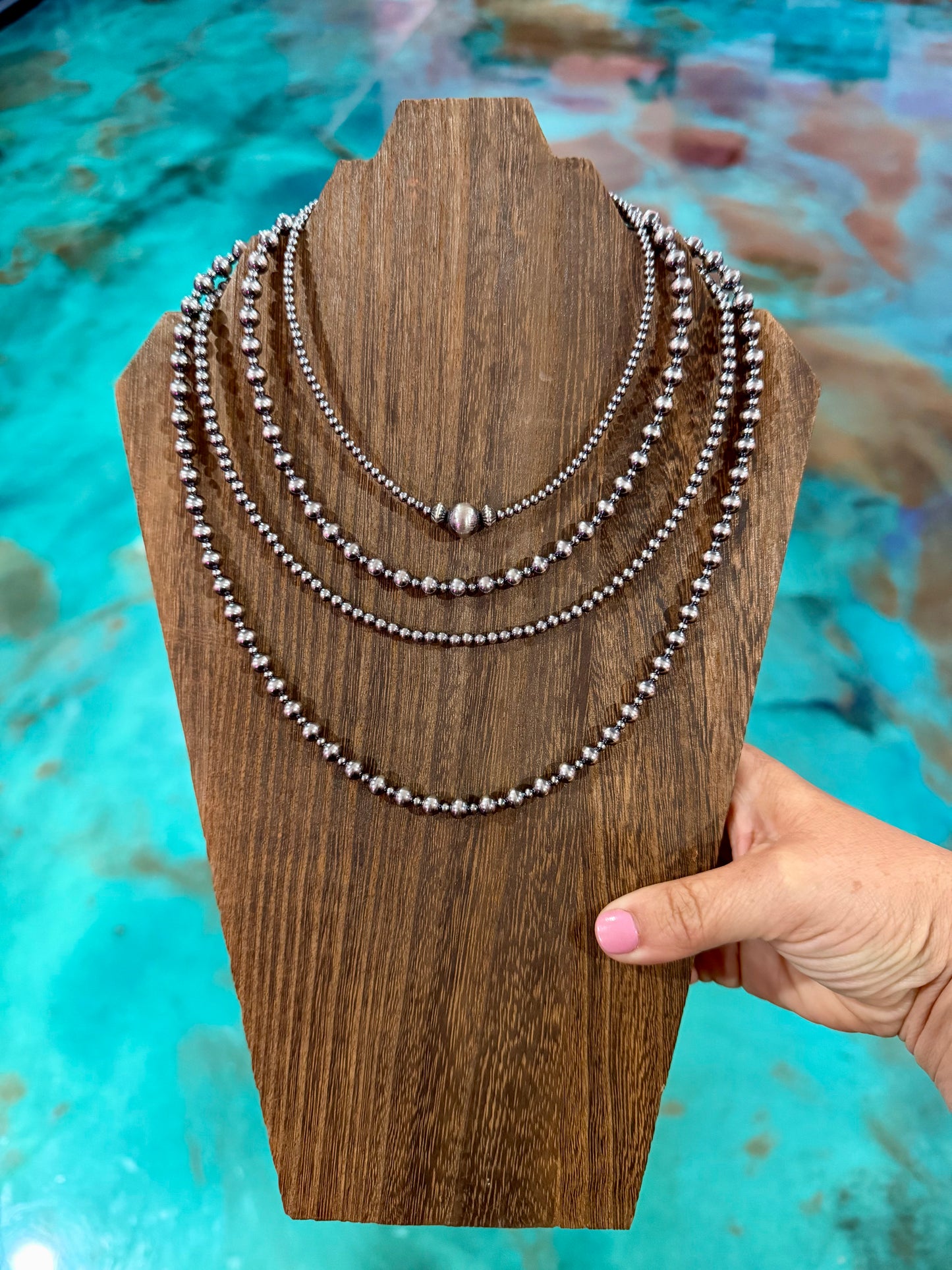 All sterling silver layered pearl necklace stack handmade in the USA by The Bijoux FAB