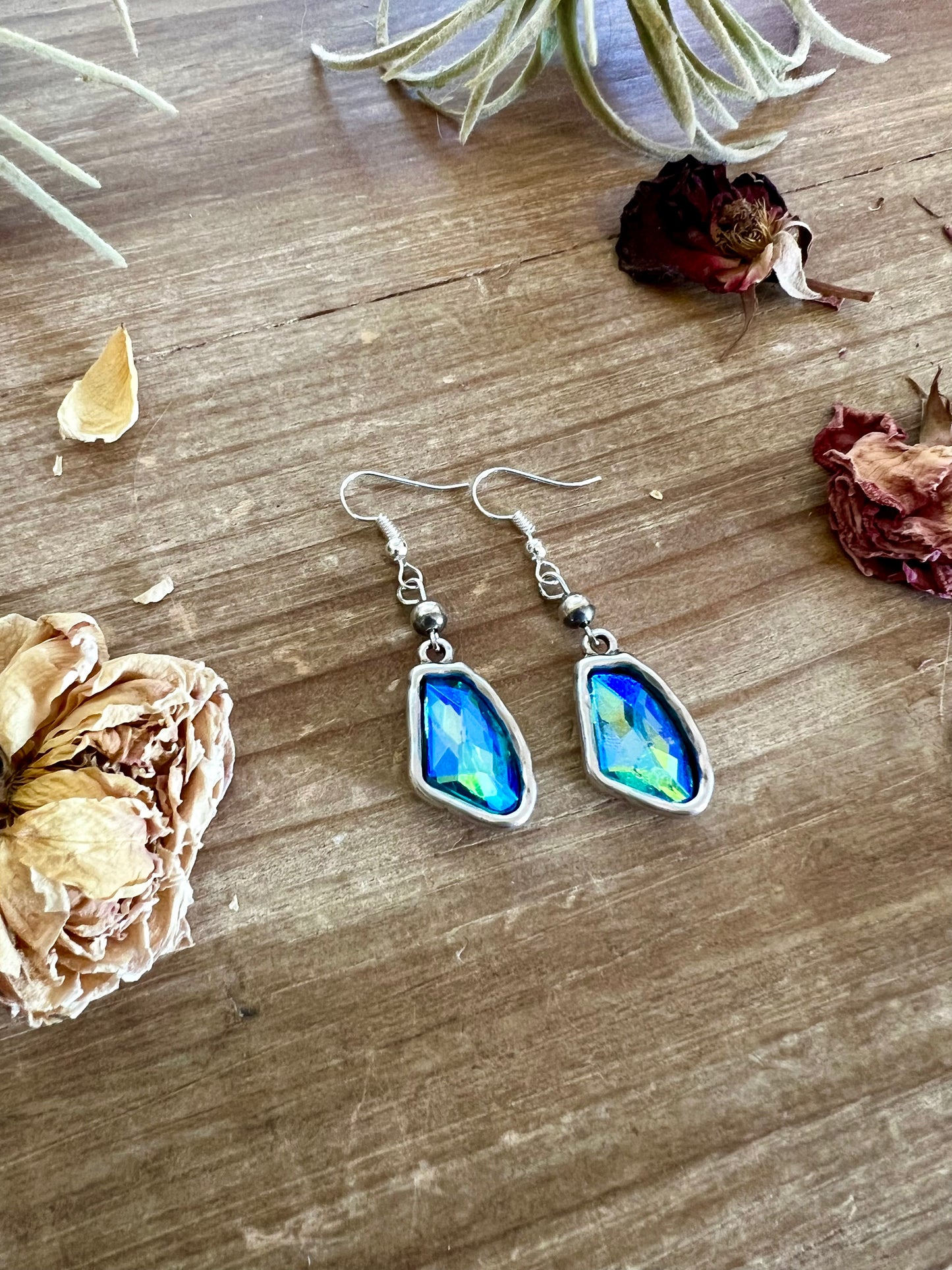 Blue/green dangle and Sterling Silver Pearls earrings - cowgirl earrings