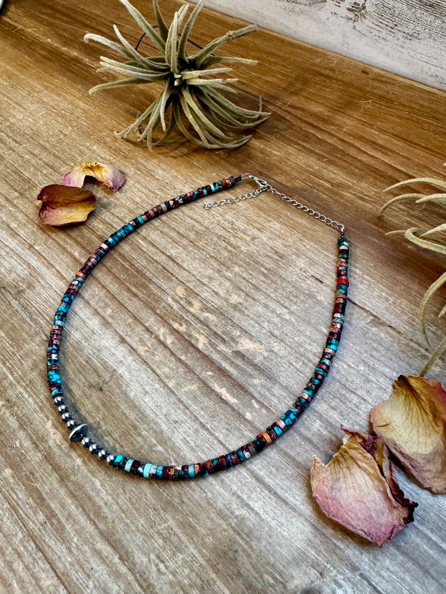 Close-up of a 14-inch choker necklace with 3-inch extender, featuring 4mm and saucer sterling silver pearls, and 2x4mm pink composite sea sediment beads in a Pink Dahlia shade. Finished with a silver-plated latch and chain. Handmade by The Bijoux FAB in the USA. Every pattern is one-of-a-kind.