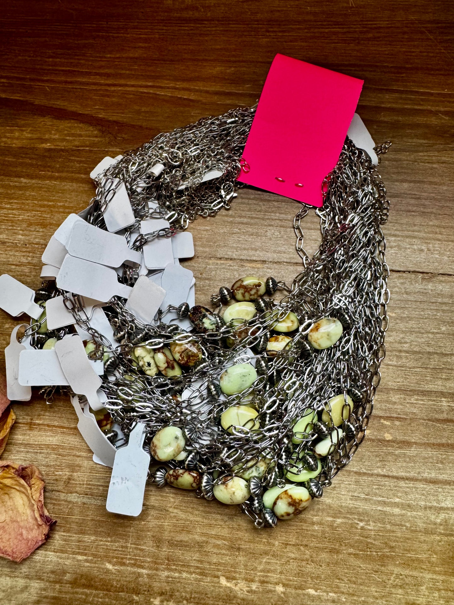 Handmade 16-inch lemon turquoise magnesite necklace with sterling silver saucer pearls and silver-plated chain, made by The Bijoux FAB