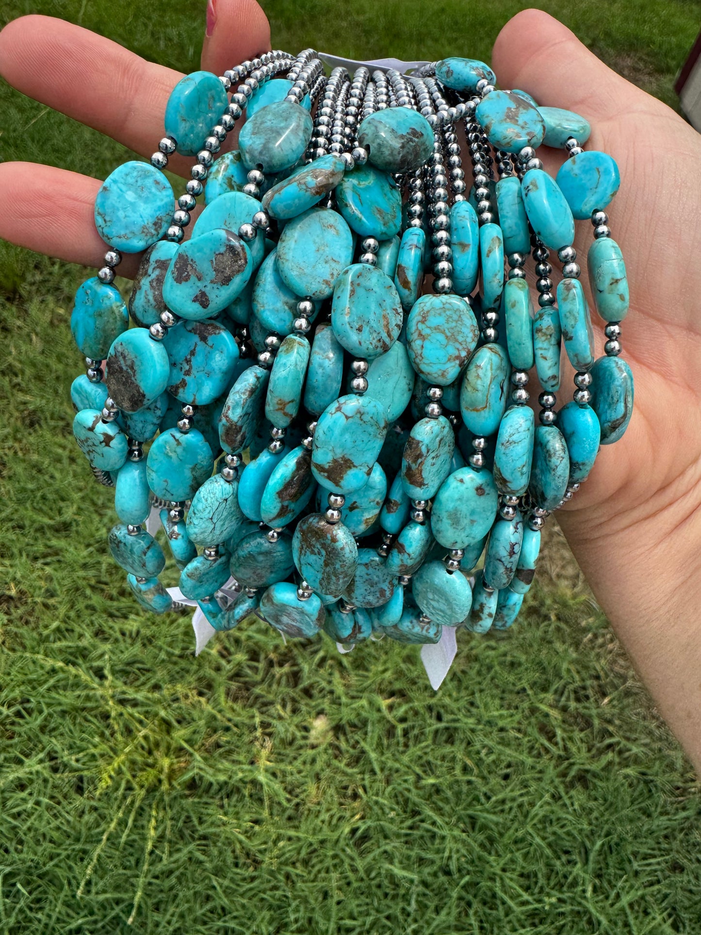 Handmade 15-inch choker with 3mm sterling silver pearls and 5 flat blue turquoise beads, finished with extender, made by The Bijoux FAB