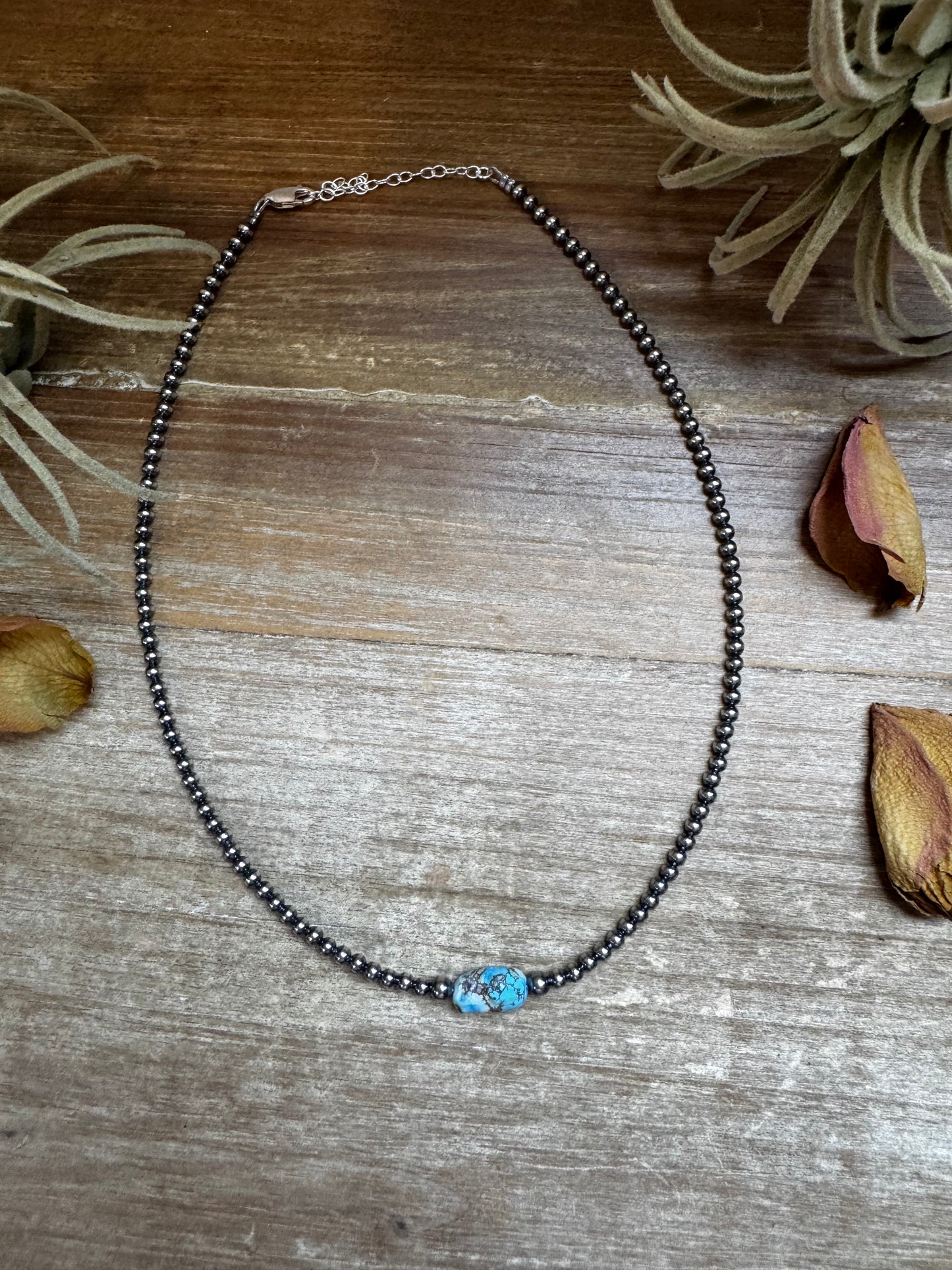 Golden Hill turquoise choker with 3 mm sterling silver pearls and spacer saucers, handmade by The Bijoux FAB