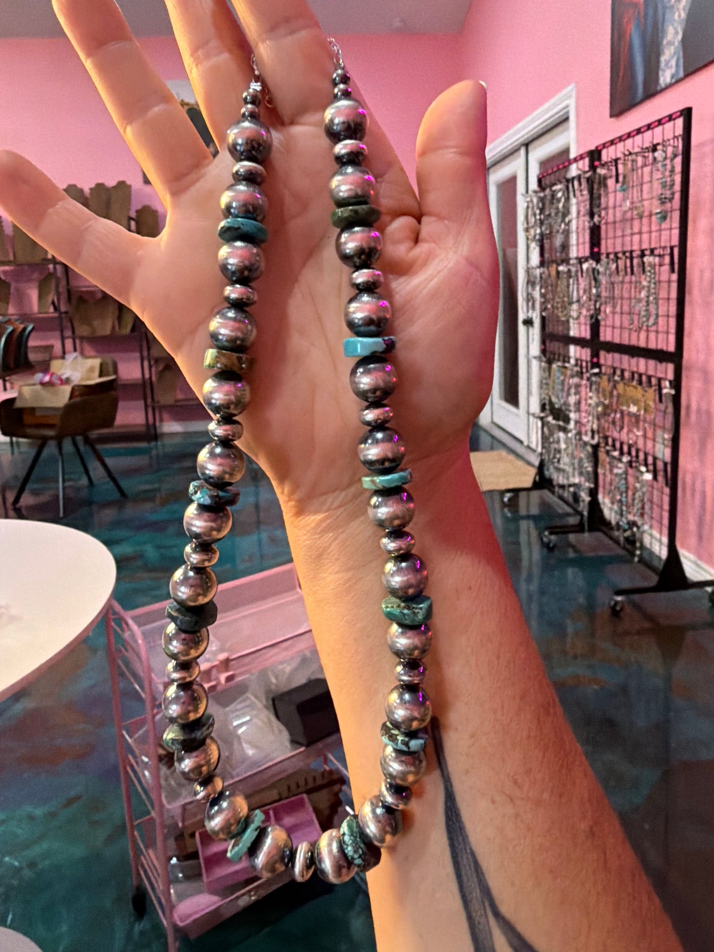 Turquoise Rondelle & Sterling Silver Pearl Statement Necklace