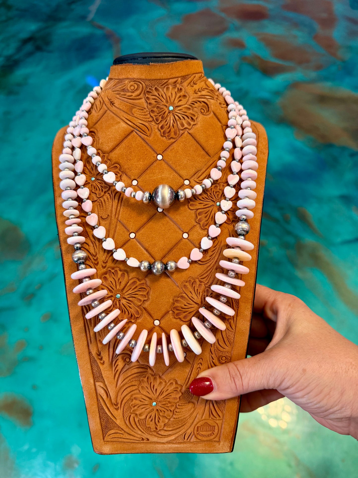 One Time Pieces – Pink Conch Hearts & Graduated Rondelle Necklace Stack