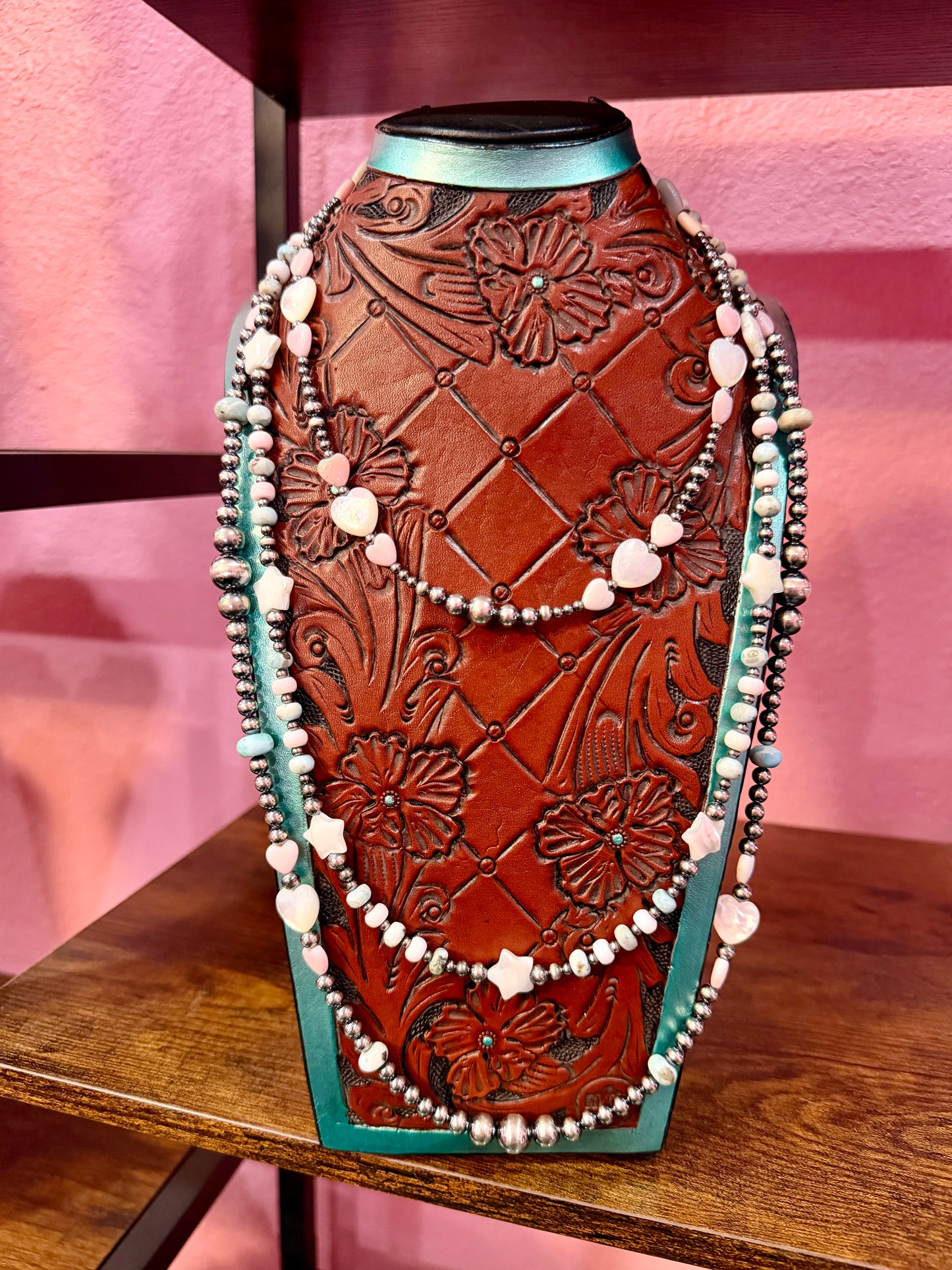 One Time Pieces – Larimar, Pink Conch & White Shell Necklace Stack