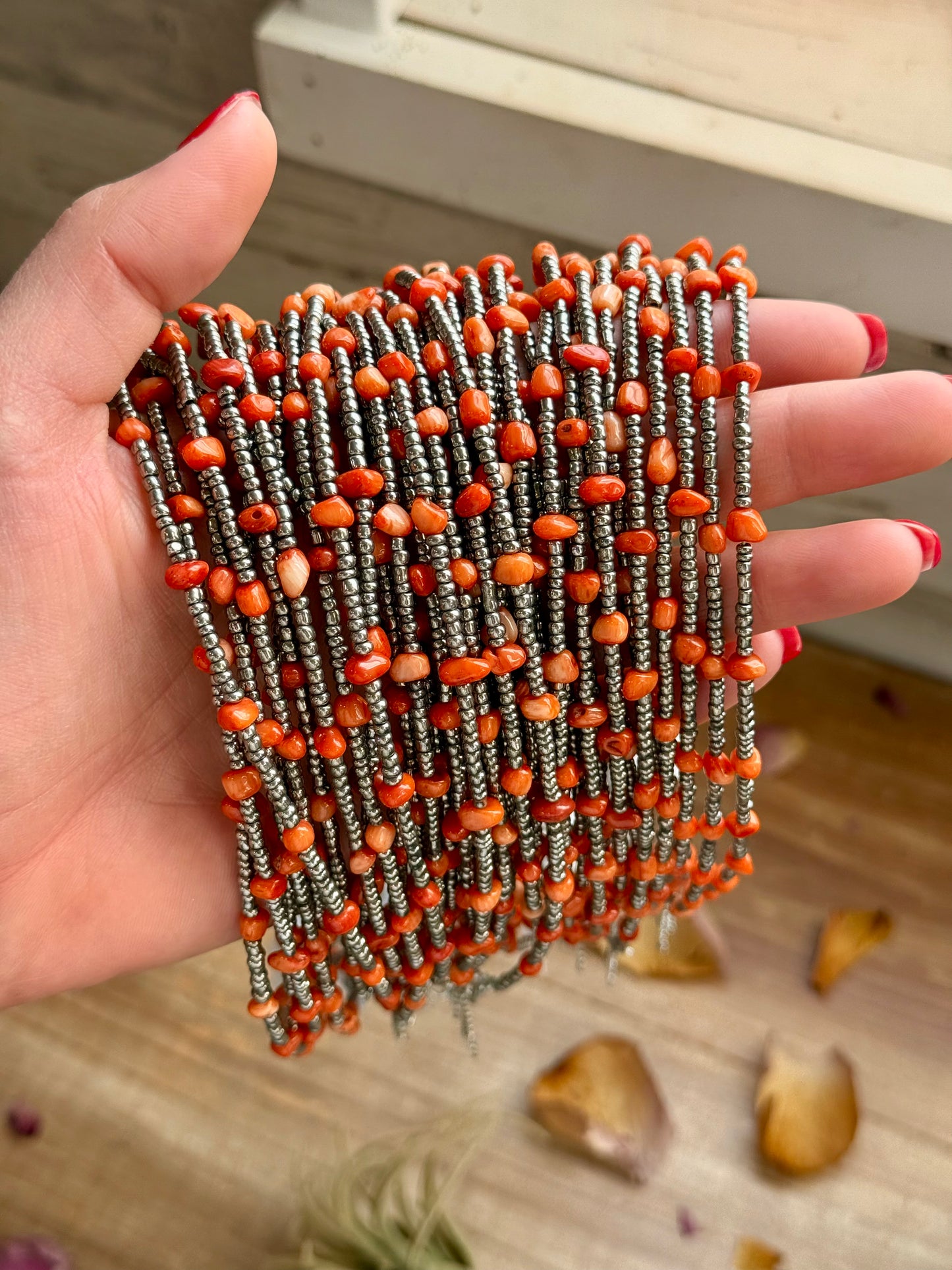Antique Silver Seed Bead & Dyed Red Coral Choker – 14”