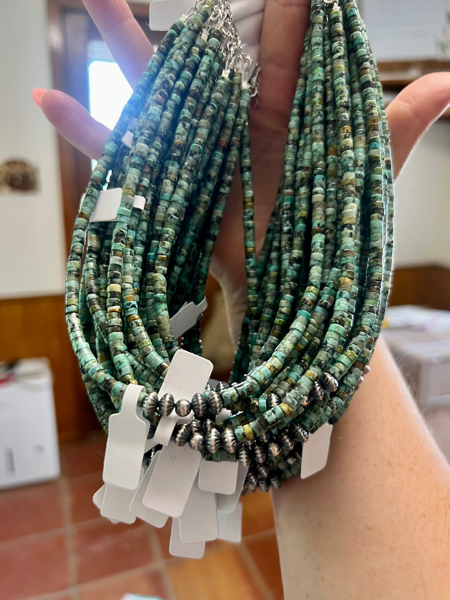 Africain turquoise choker and navajo pearls