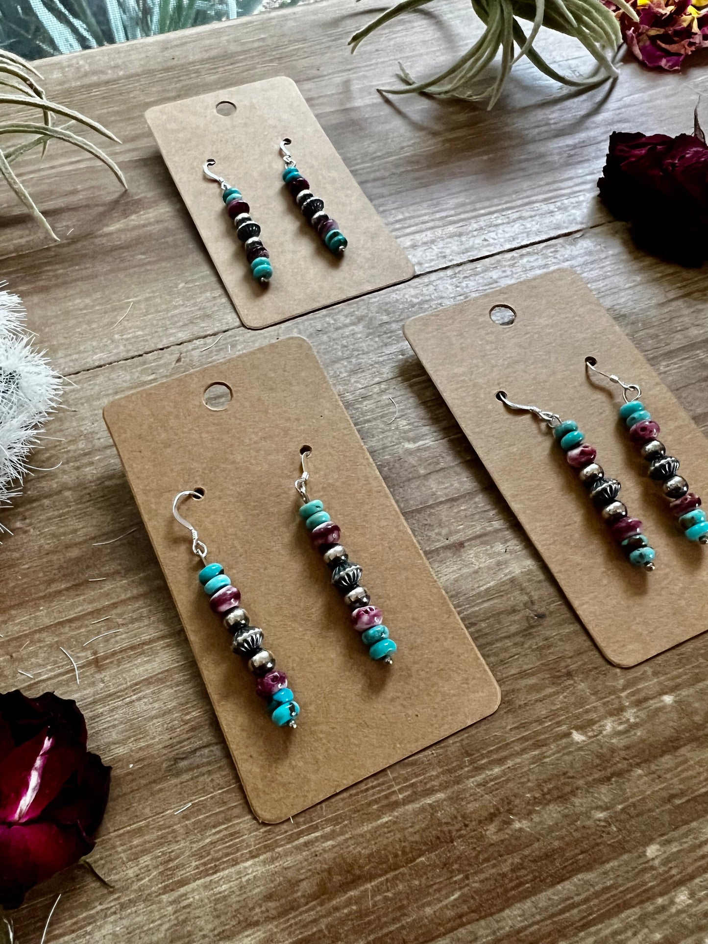 Purple and turquoise dangle earrings with Navajos